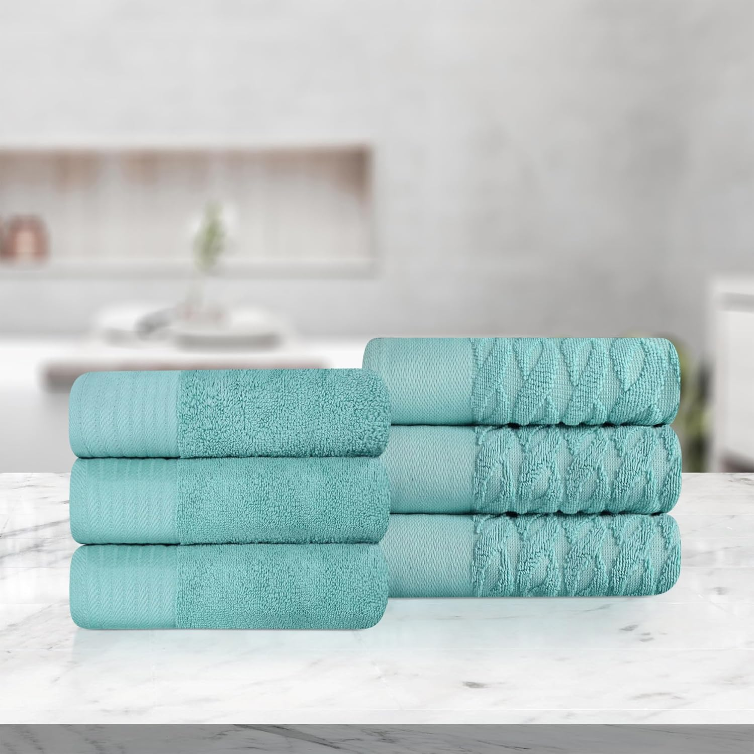 Superior Turkish Cotton Highly-absorbent 6-Piece Hand Towel Set for Bathroom, Spa, and Gym, Cascade