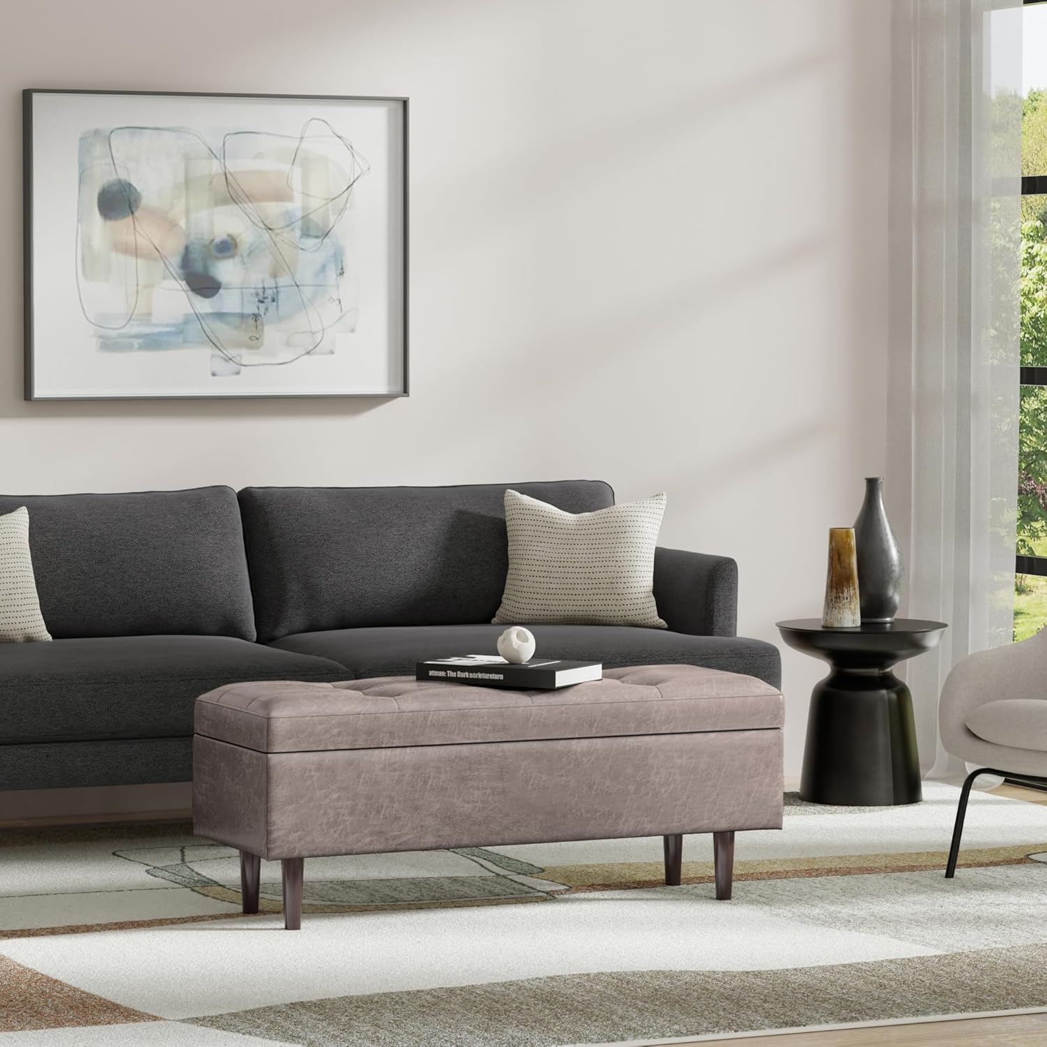 Simpli Home Shay 48"W Upholstered Storage Ottoman with Lift Top and Tufted Detailing