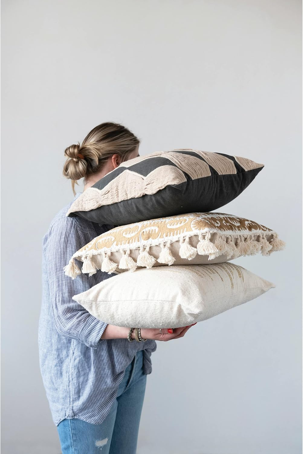 Creative Co-Op Cotton Pillow with Embroidery, Chambray Back