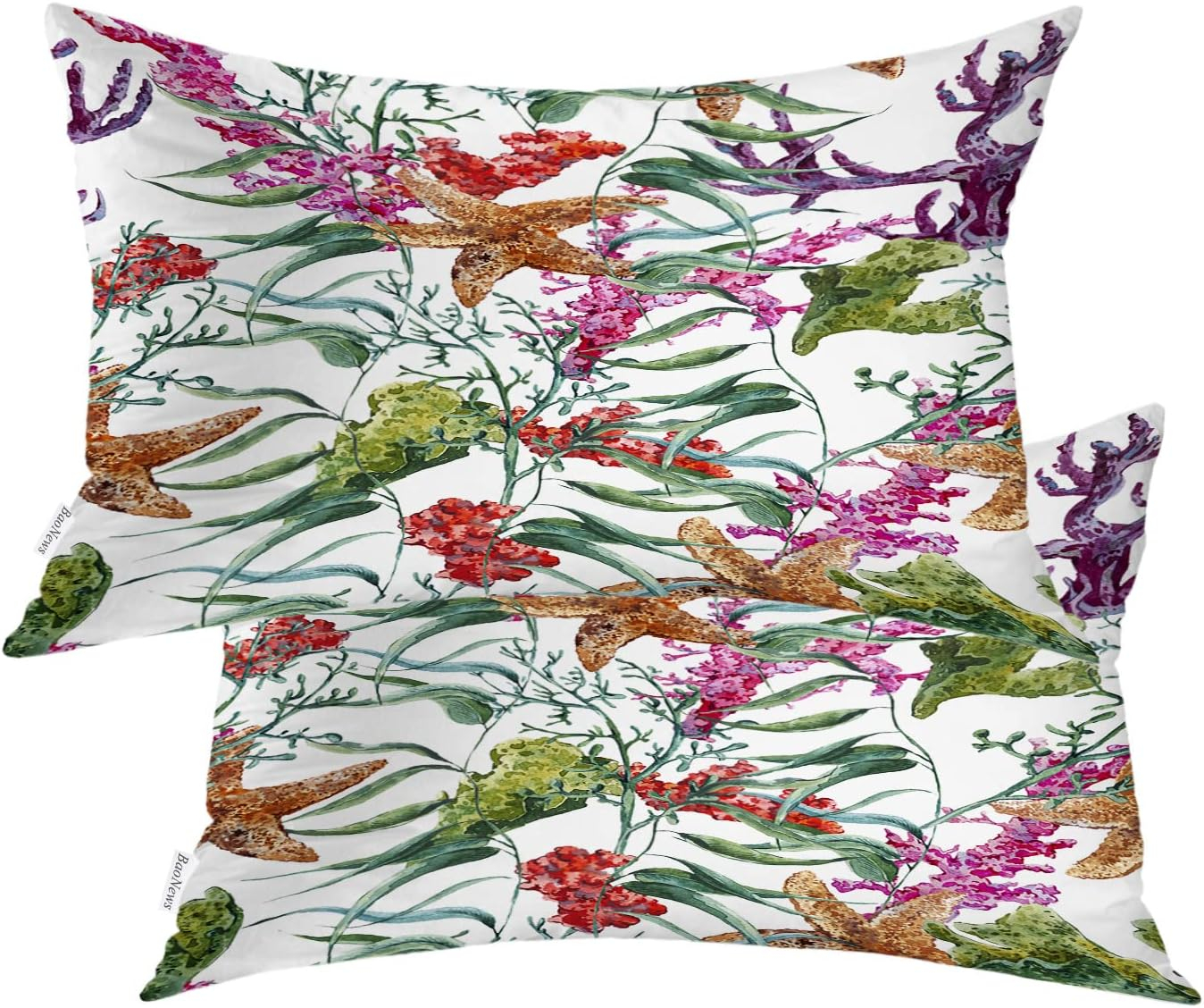 Coral Nautical Pillow Covers, Watercolor Sea Life Pattern with Seaweed Starfish Lumbar 12 x 20 Inches Decorative Throw Pillow Covers Cotton Cushion for Sofa Bedroom Car, Blue 04, Set of 2