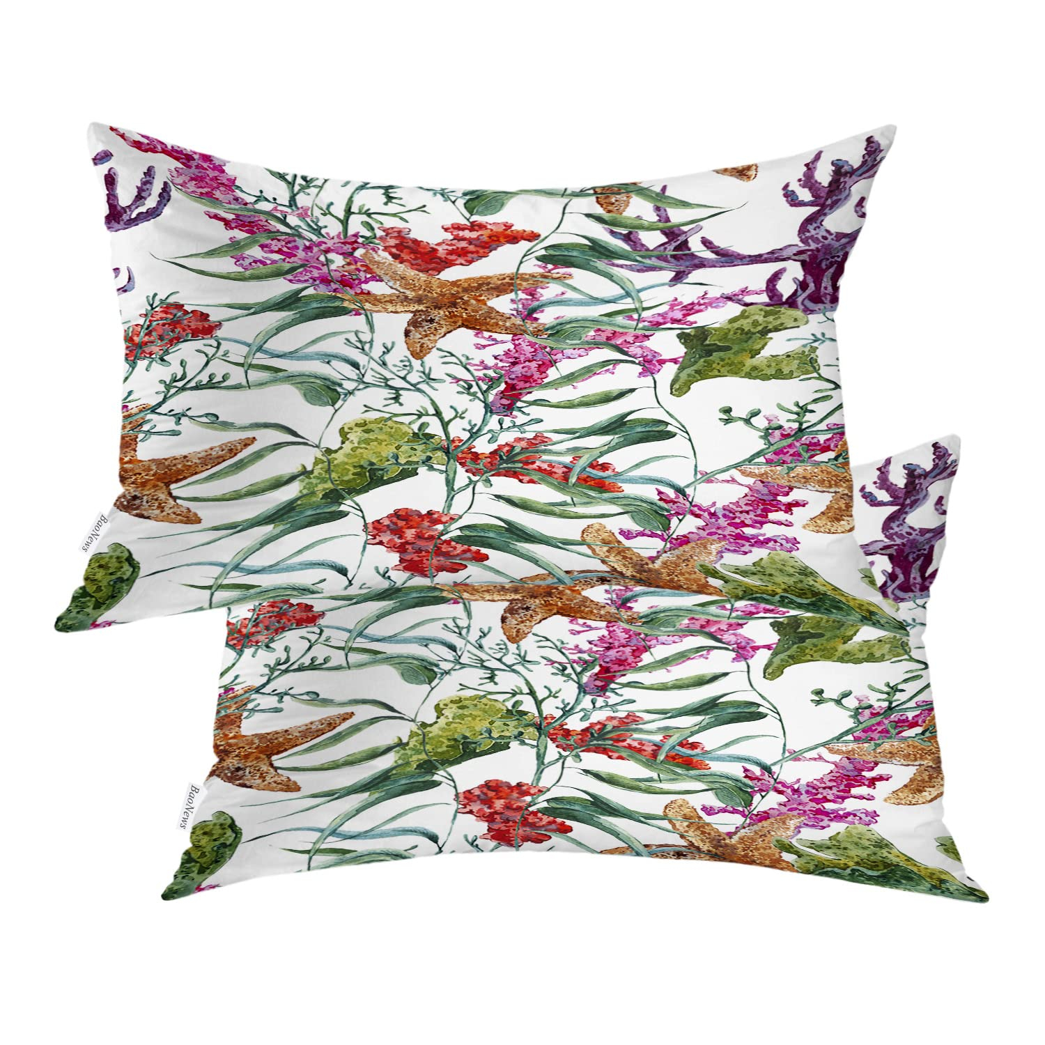 Coral Nautical Pillow Covers, Watercolor Sea Life Pattern with Seaweed Starfish Lumbar 12 x 20 Inches Decorative Throw Pillow Covers Cotton Cushion for Sofa Bedroom Car, Blue 04, Set of 2