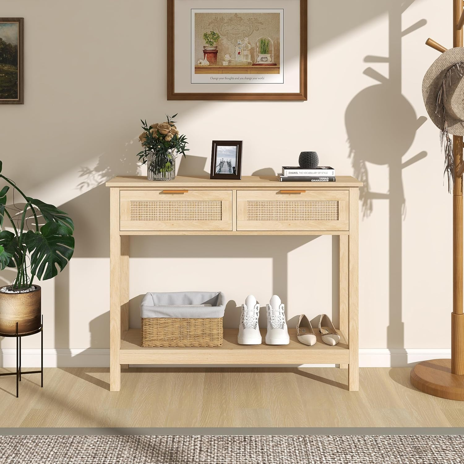 Farmhouse Rattan Console Table with 2 Drawers 2 Tier Boho Narrow Long Sofa Table Natural with Open Storage Shelf Wood Entryway Table for Living Room Hallway Foyer (Nature, 39.4 Inch)