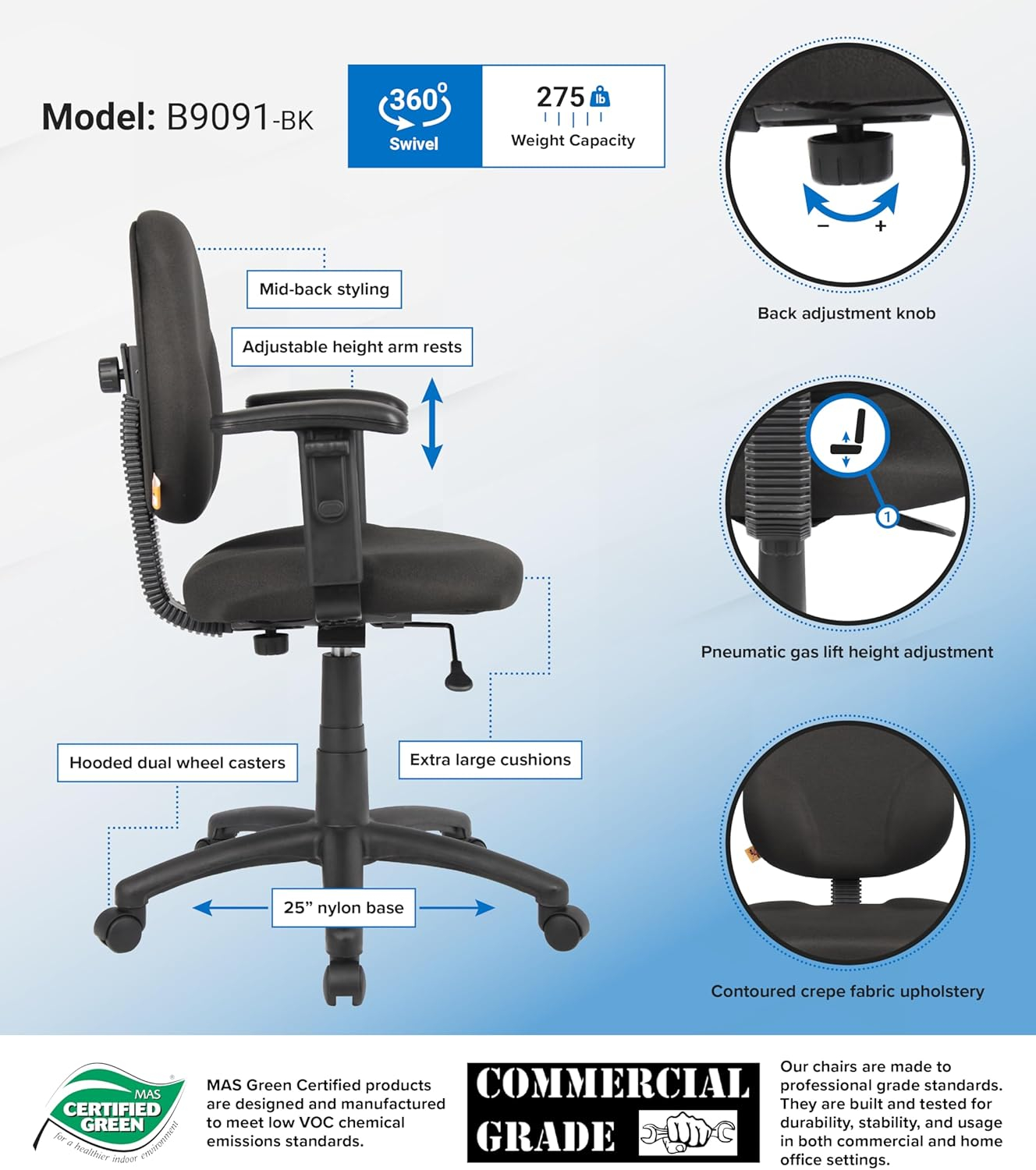Black Adjustable Ergonomic Task Chair with Fabric Upholstery