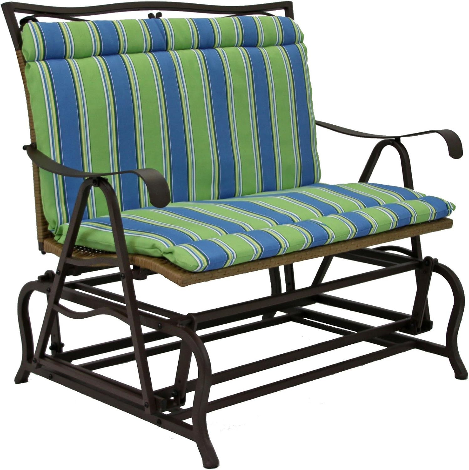 Green and Blue Striped Polyester Outdoor Loveseat Cushion