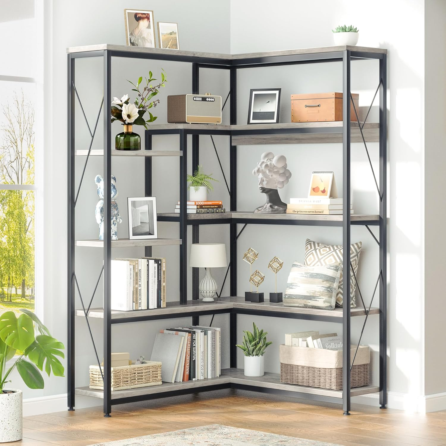 L-Shaped Corner Bookshelf, 5-Tier Industrial Bookcase with Heavy-Duty Metal Frame, Tall Storage Display Shelf for Bedroom, Living Room, and Home Office