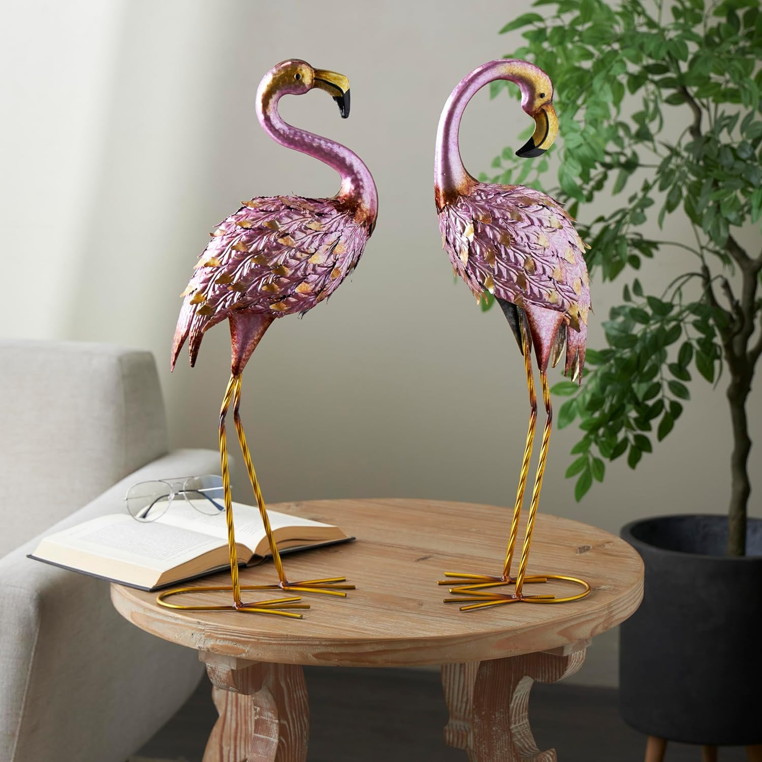 DecMode Coastal Outdoor Metal Standing Pink Flamingo Garden Sculpture, Set of 2 10"W x 38"H