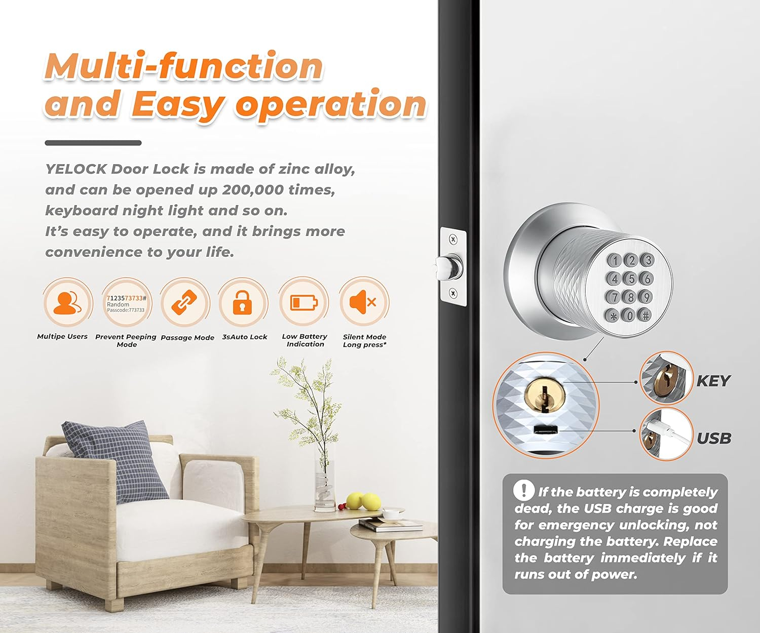 Electronic Keypad Door Knob, Smart Keyless Entry Door Knobs, Code, Anti-Slip Handle, 2.5s Auto Lock, Waterproof Door Lock, Easy to Install for Home, Office, Apartments and Garage