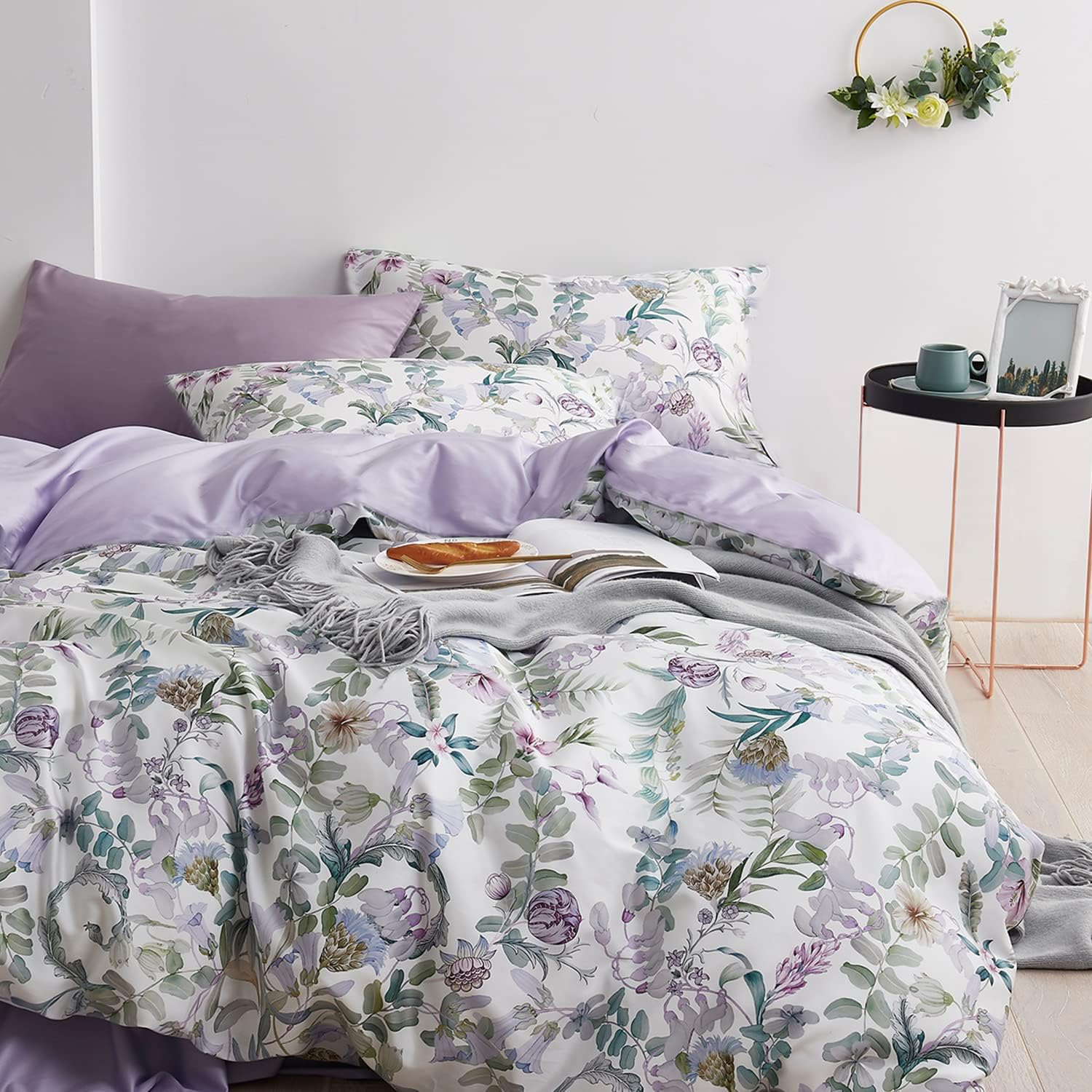 Floral Duvet Cover Set Garden Style King 3 Pieces Bedding Set, Ultra Soft Green Leaves Botanical Flowers Pattern Lavender Reversible Farmhouse 1 Comforter Cover + 2 Pillowshams(No Comforter)