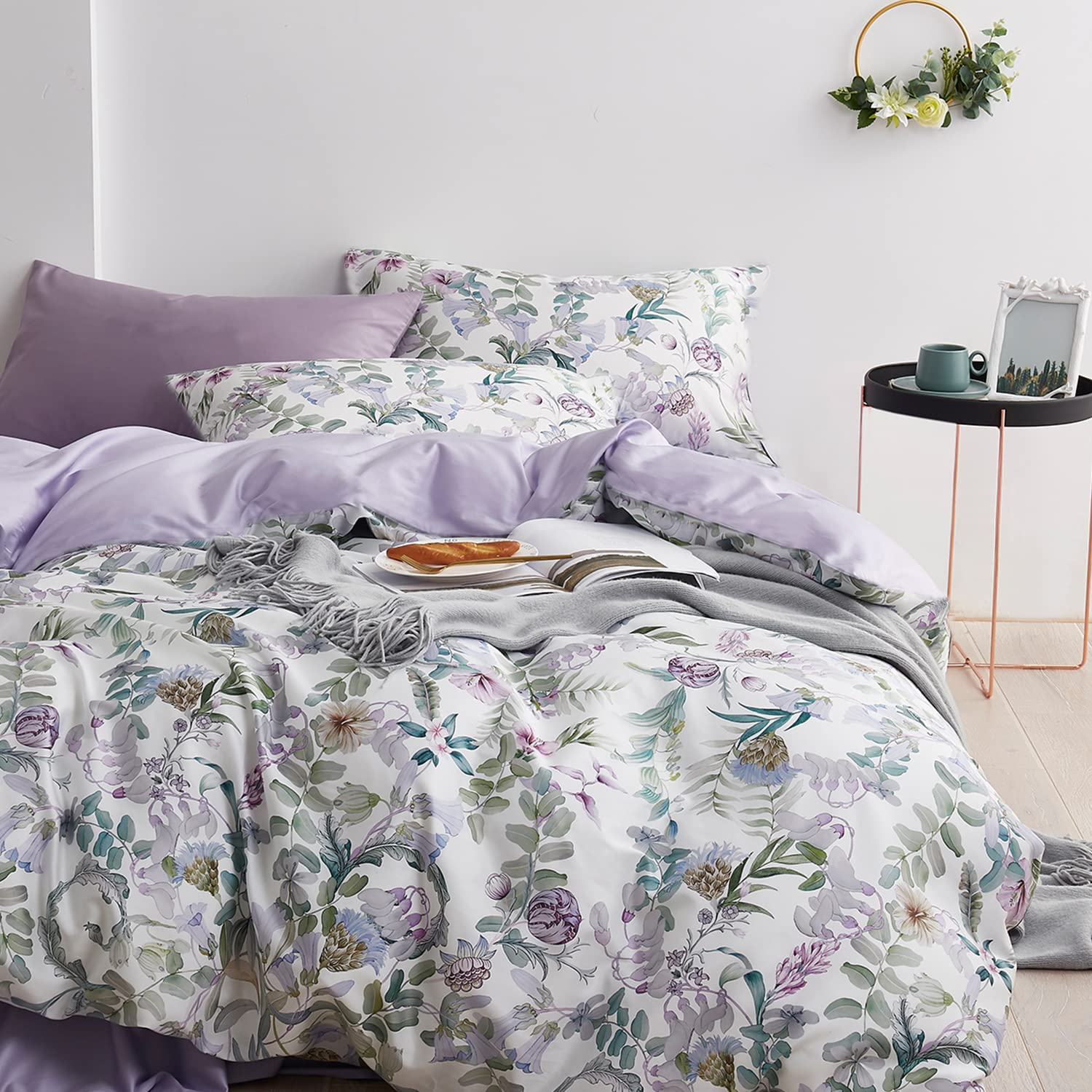 Floral Duvet Cover Set Garden Style King 3 Pieces Bedding Set, Ultra Soft Green Leaves Botanical Flowers Pattern Lavender Reversible Farmhouse 1 Comforter Cover + 2 Pillowshams(No Comforter)