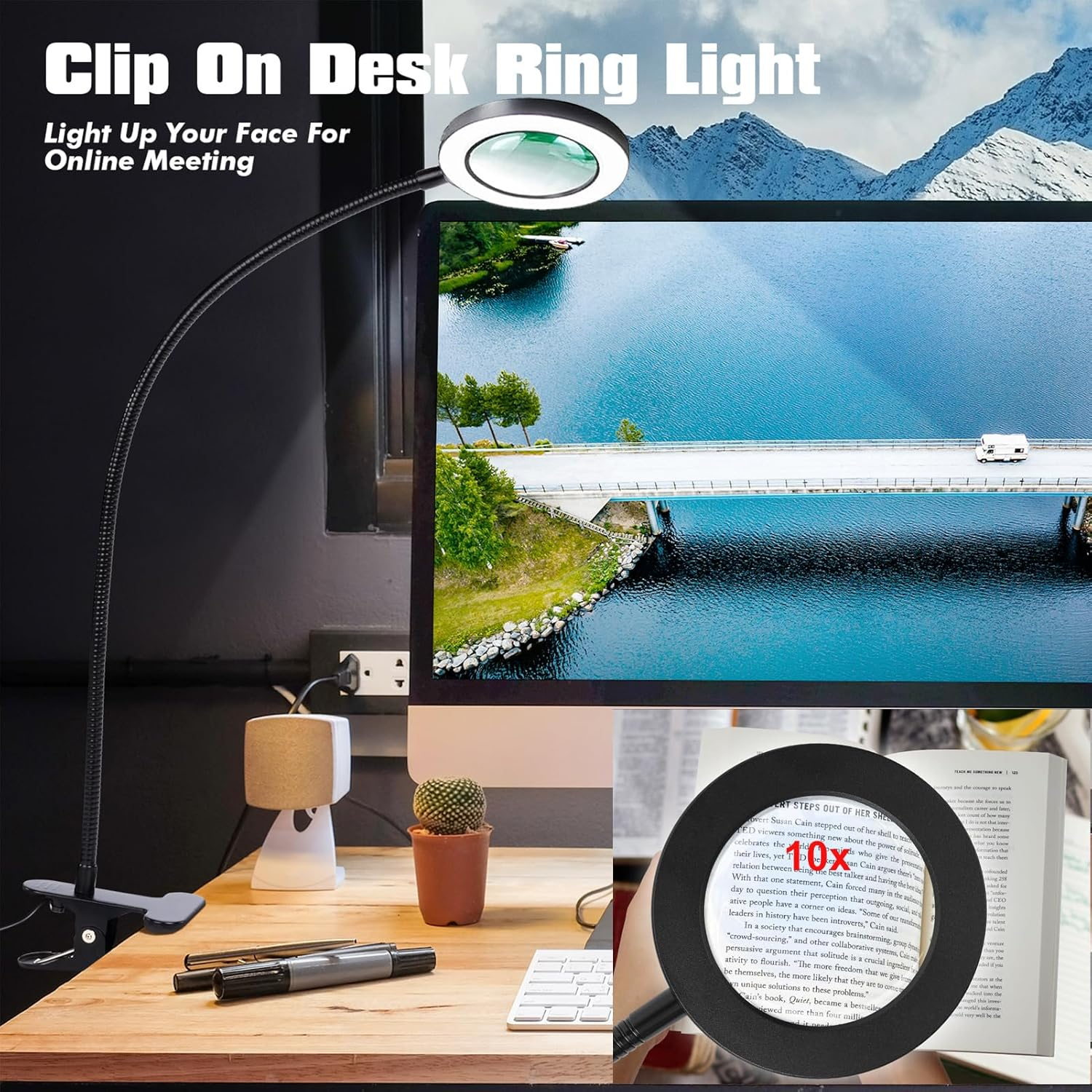 Desk Magnifying Glass with Light 10x, Magnifer with 3 Light Color, 10 Adjustable Brightness, Flexible Gooseneck, Magnifying Lamp with Clamp for Craft, Diamond Painting, Soldering, Elderly