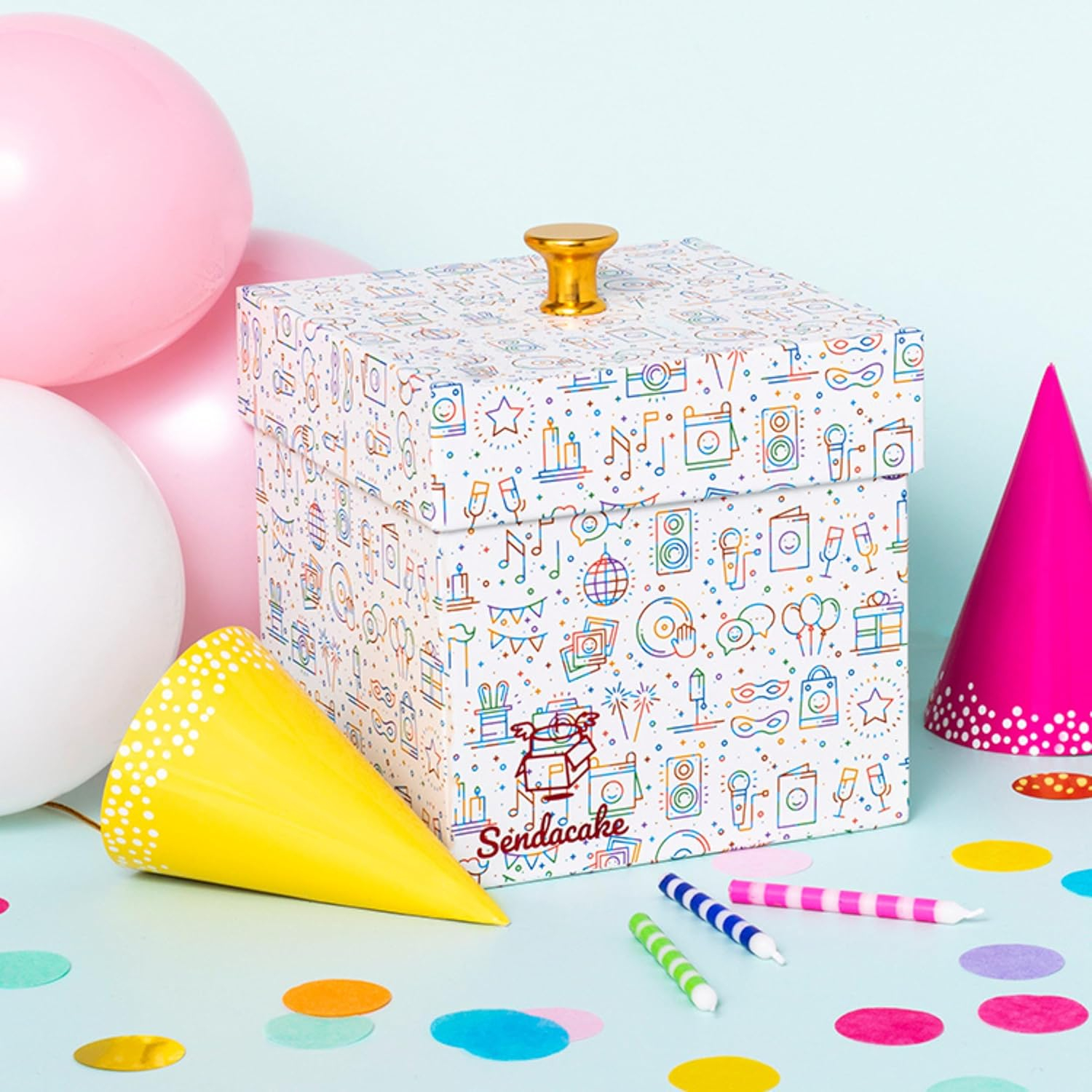 Sendacake White & Gold Foil Celebration Explosion Flying Butterfly Surprise, Cake & Flowers Gift Box