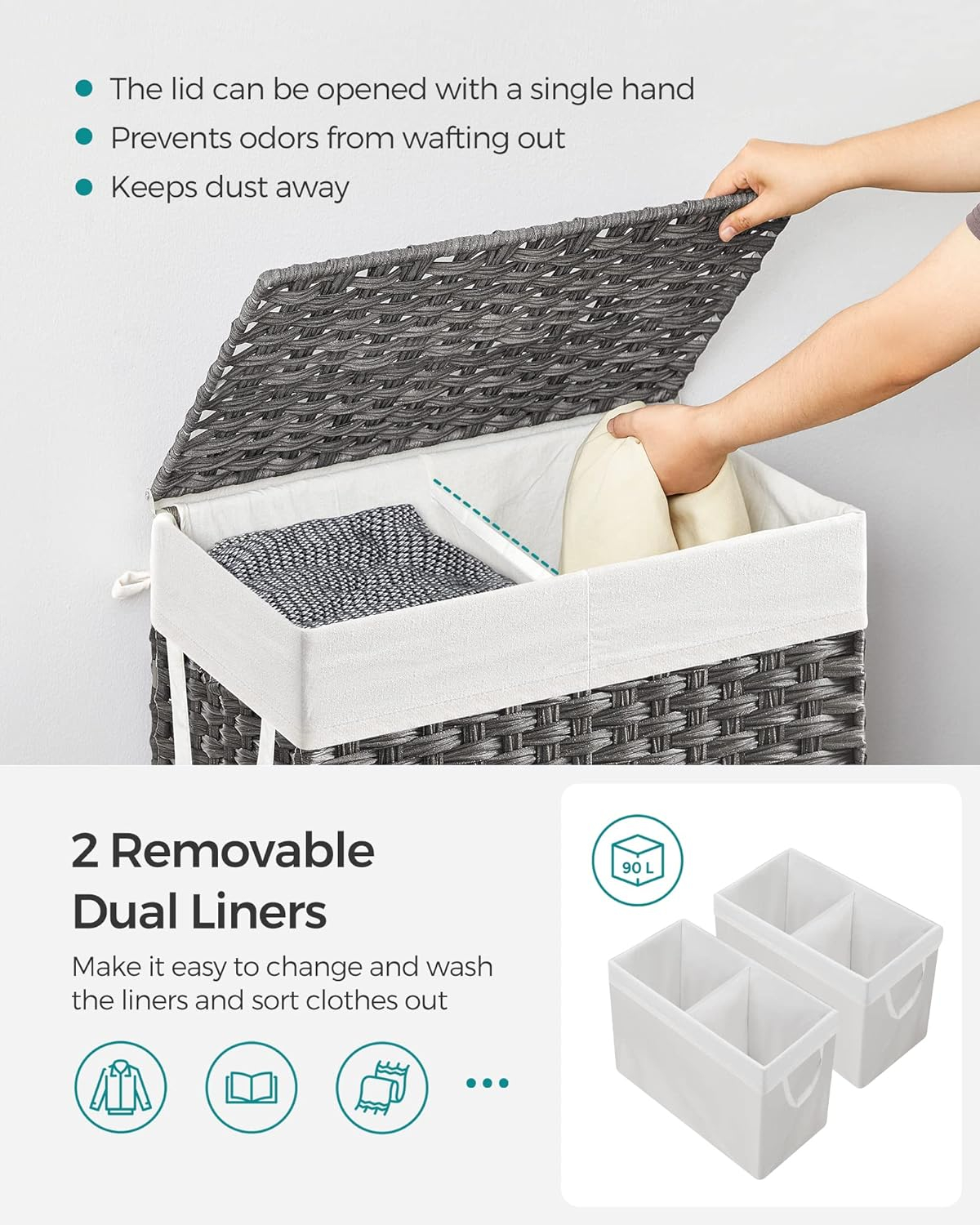 Gray Wicker Collapsible Laundry Hamper with Lid for Kids