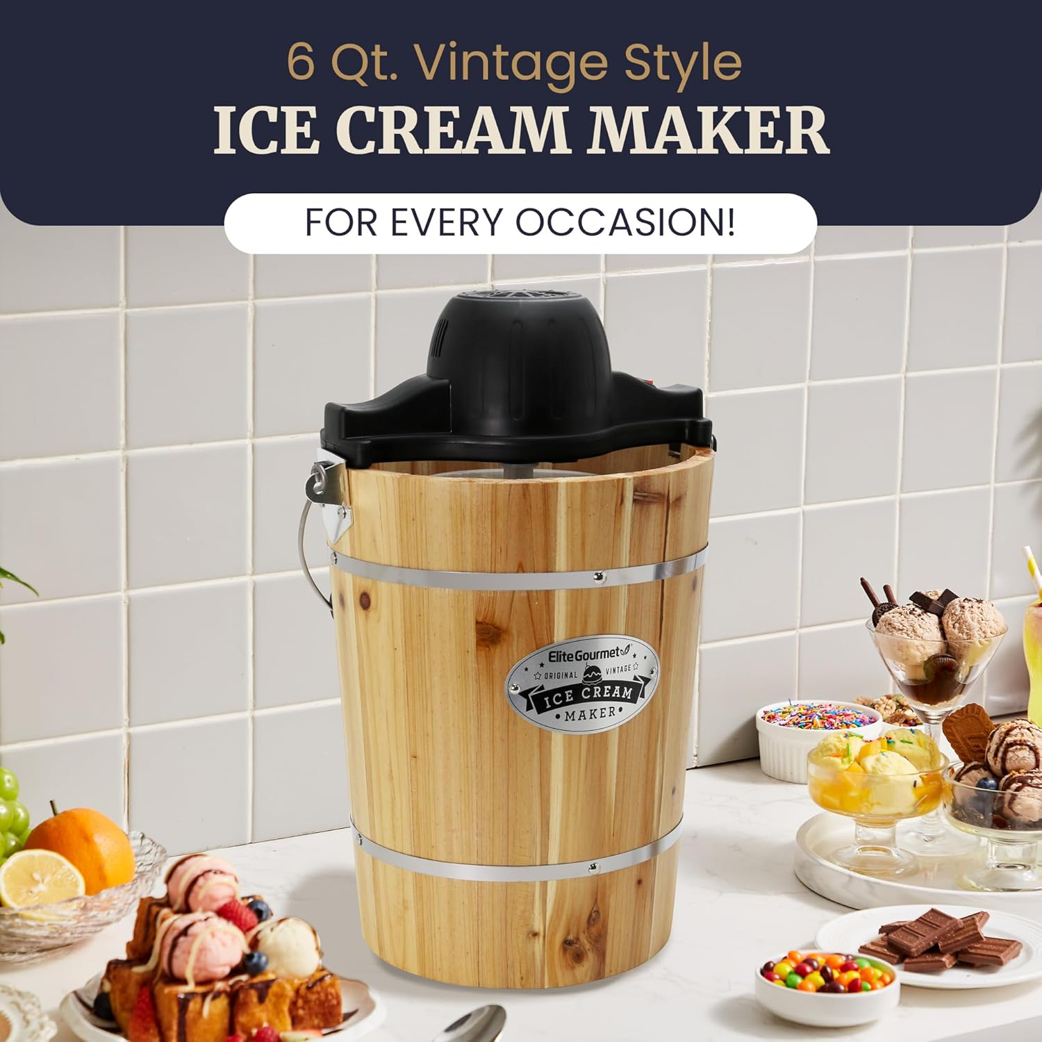 Elite Gourmet Old Fashioned 6 Quart Vintage Wood Bucket Electric Ice Cream Maker Machine Appalachian, *Bonus Classic Die-Cast Hand Crank for Churning, Uses Ice and Rock Salt Churns Ice Cream in Minute