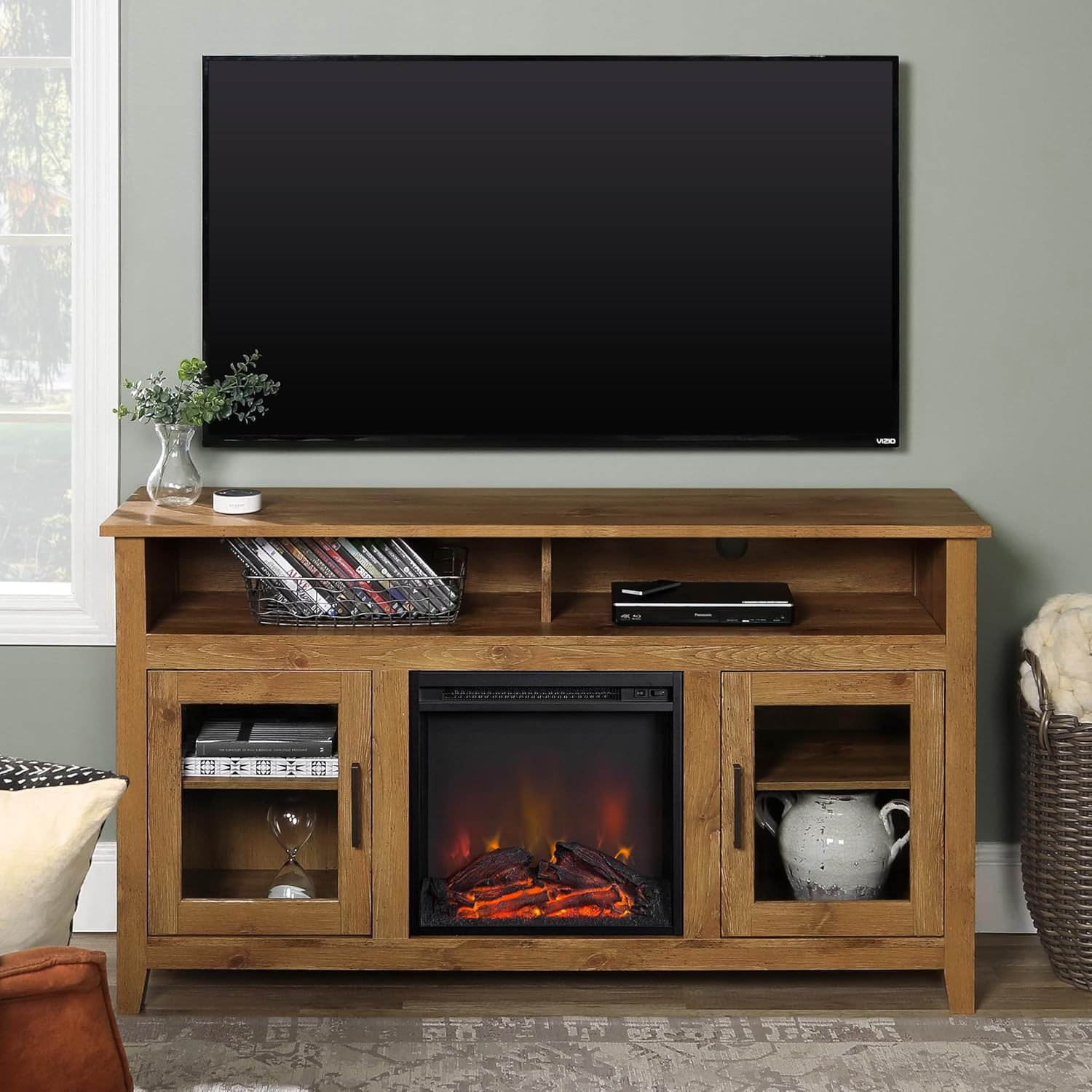 Walker Edison Glenwood Rustic Farmhouse Glass Door Highboy Fireplace TV Stand for TVs up to 65 Inches, 58 Inch, Barnwood