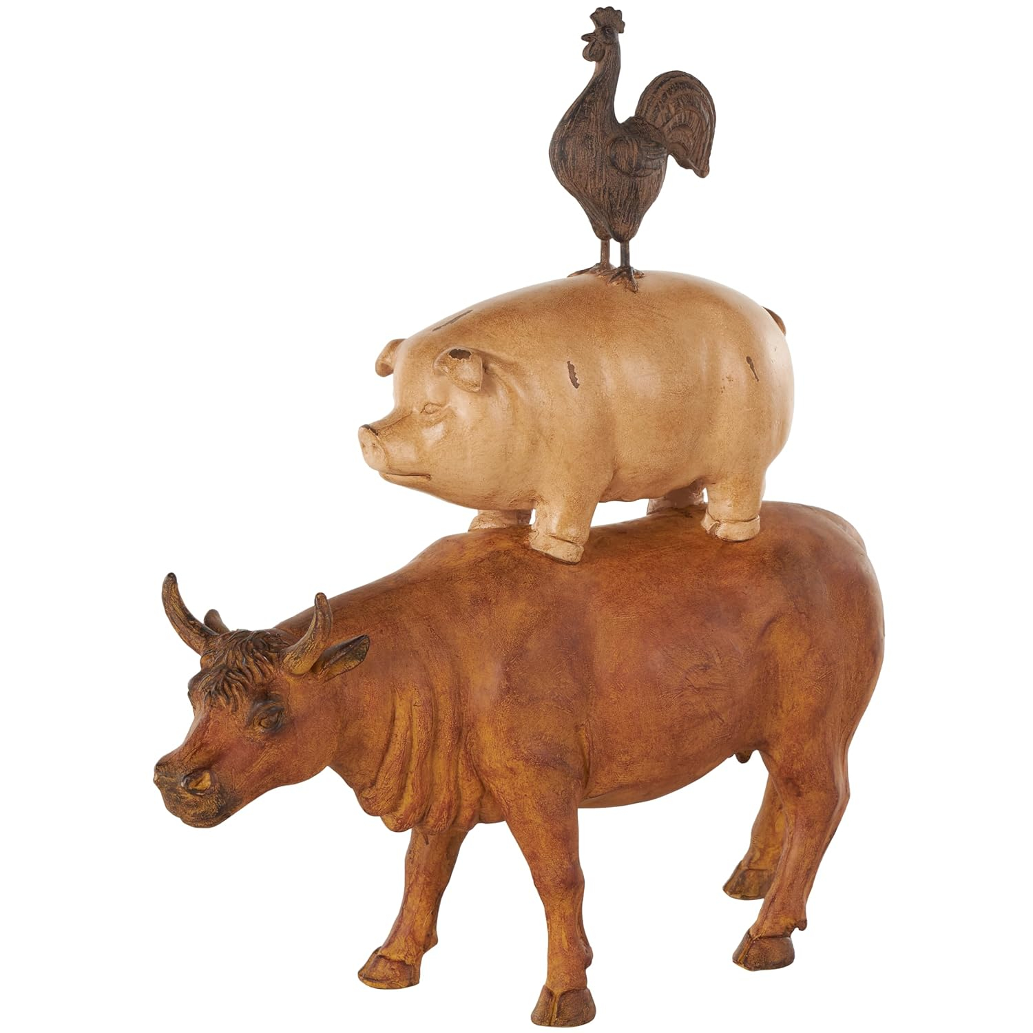 Distressed Copper Cow Statue with Beige Roosters and Chicks