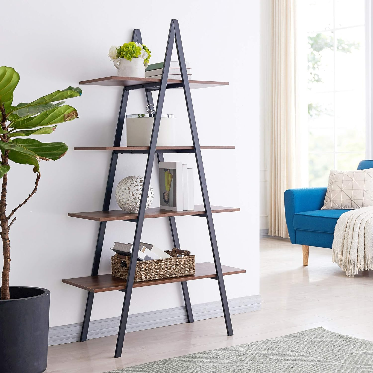 Glitzhome 64.5"H Modern Industry Wooden Oak Melamine 4-Tier Metal/ Wooden Leaning Bookcases & Ladder Shelves