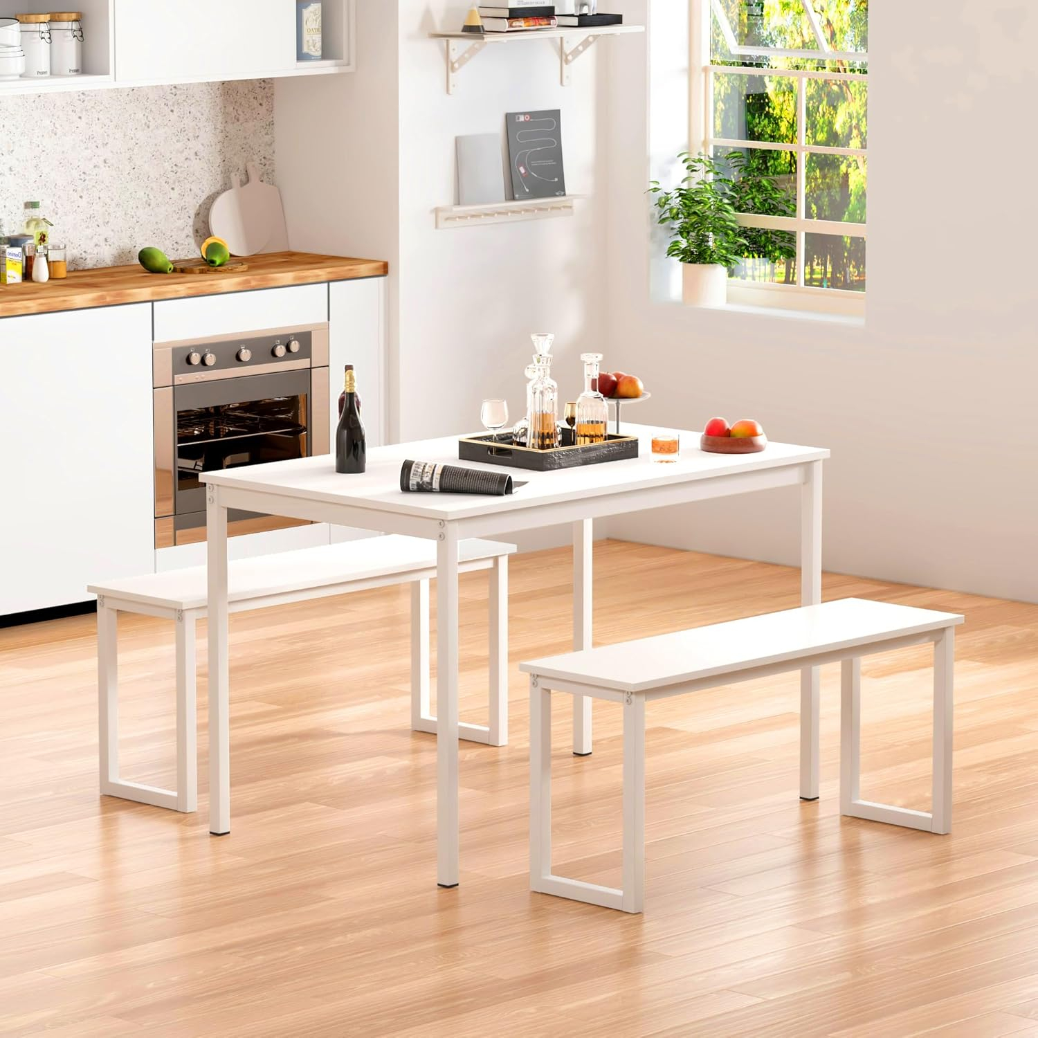 SogesPower Modern Dining Table Set with 2 Benches, 3 Piece Dining Table Set- White
