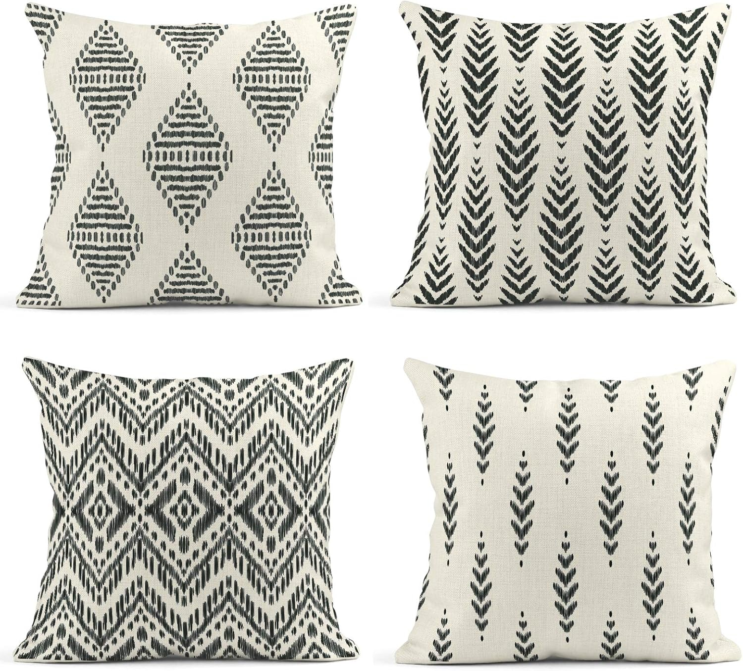 Set of 4 Throw Pillow Covers Ikat Tribal and Boho Bohemian Black Ethnic Herringbone for Ideas Decor Linen Outdoor Pillow Cases Home Decorative Square 18x18 Inches Pillowcases