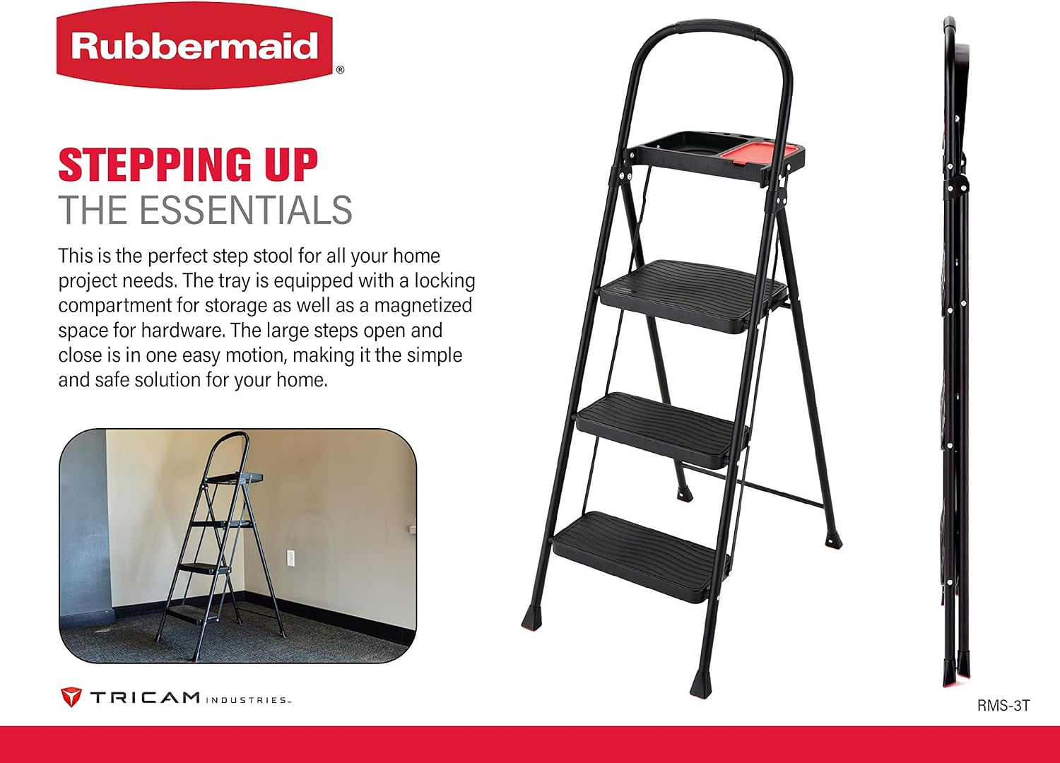 Black Foldable Steel 3-Step Ladder with Project Tray