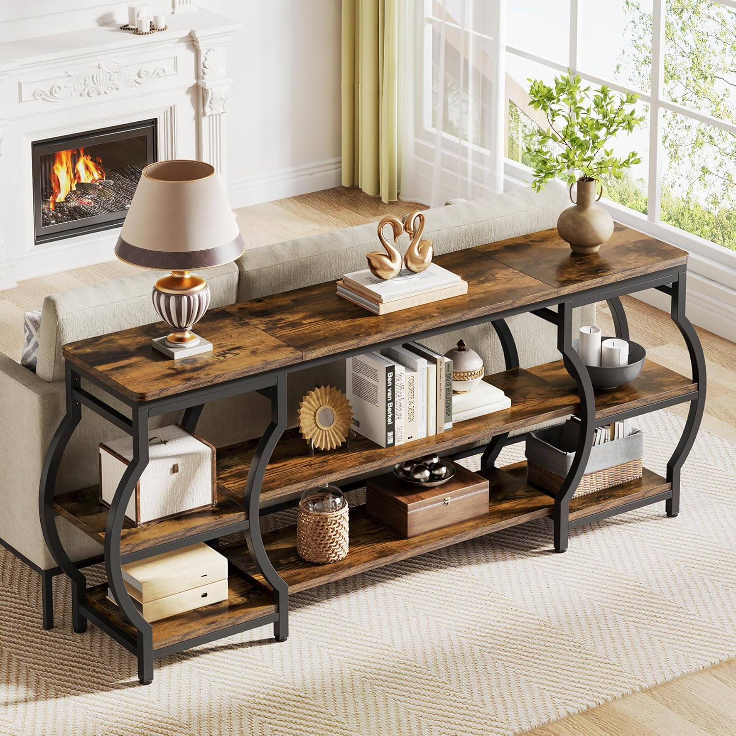 63'' Rustic Wood and Metal 3-Tier Console Table with Storage Shelves