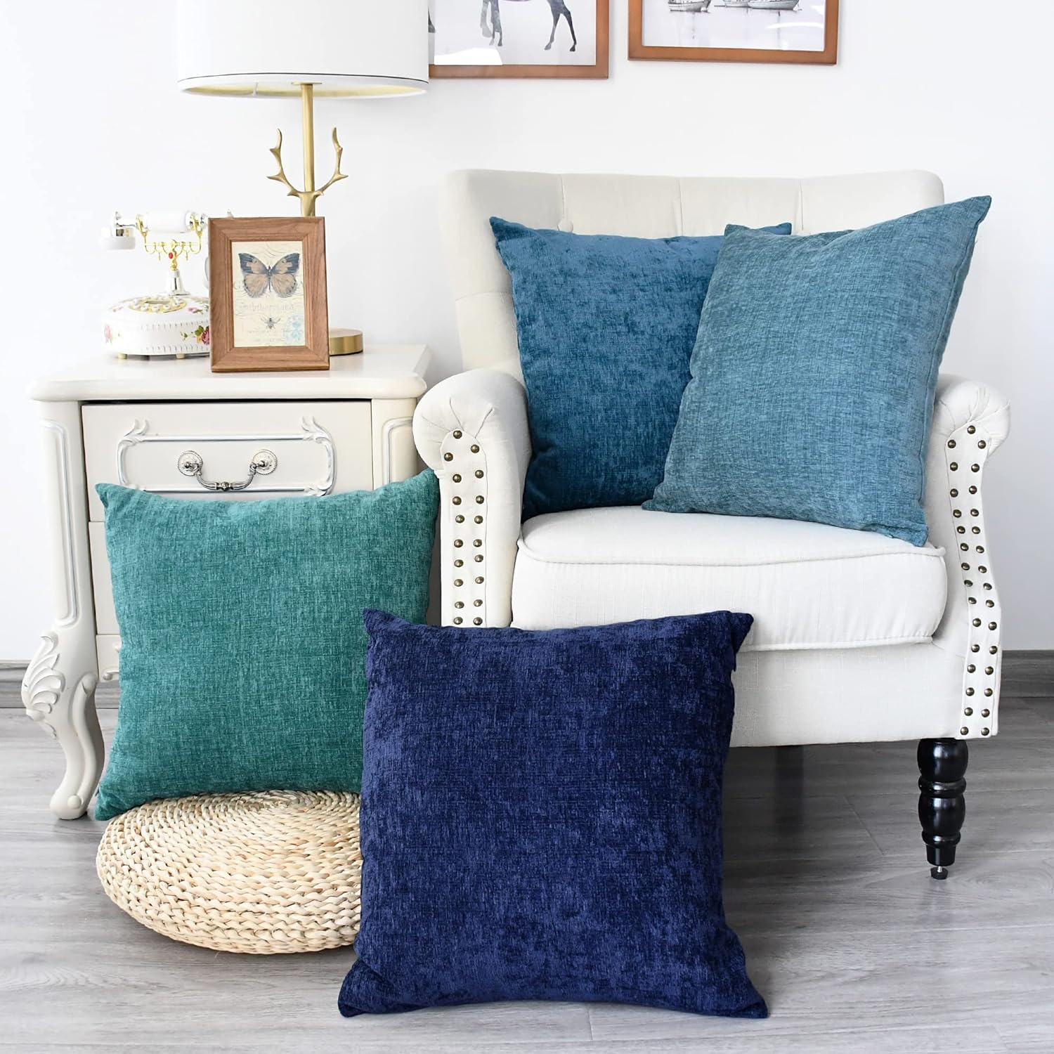 CaliTime Throw Pillow Covers Set of 4 Modern Multi-Color Matching Cozy Soft Chenille Cushion Cases Shells for Couch Sofa Home Decor 18 X 18 Inches Teal Navy Ocean Smoke Blue