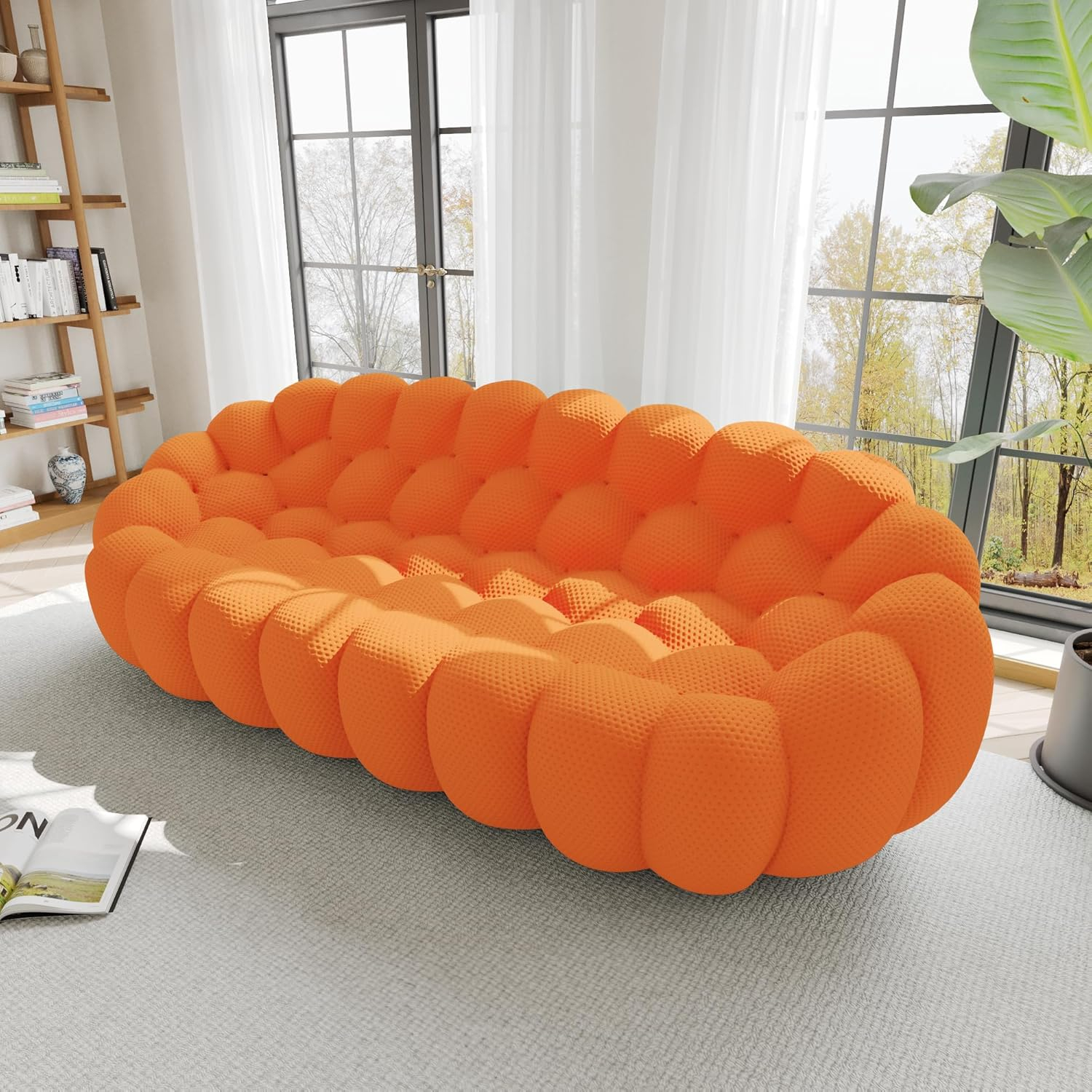 Bubble Couch, 98.43'' Modern 3-Seater Lazy Floor Couch, Memory Foam Bubble Round Sofa 3D Honeycomb Shape Curved Sofas for Living Room, Office, Apartment (Orange)