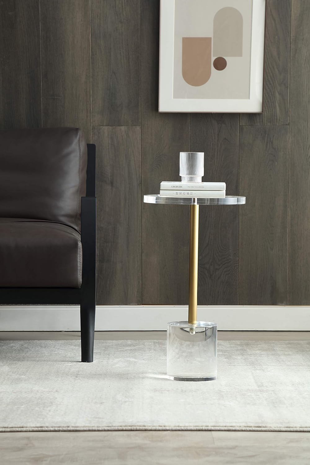 Clear Acrylic End Table,Side Table,Brushed Brass Metal,Round,for Office, Living Room and Bedroom,Easy Assembly,12x12 inch，21.3 inch high