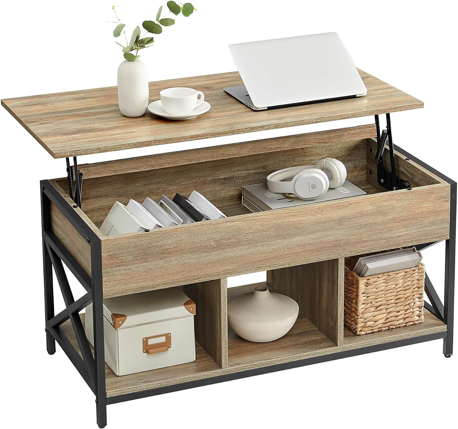 VASAGLE Lift Top Coffee Table, Lift Coffee Table with Storage Shelf, Hidden Compartments and Lifting Top, for Living Room, Office, 19.7 x 39.4 x (19.3-24.4) Inches, Oak with Blue Grains ULCT202B60