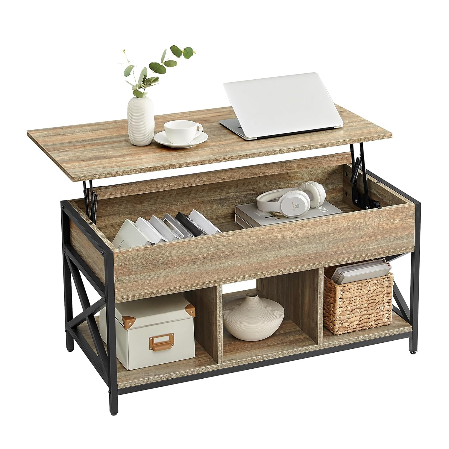 VASAGLE Lift Top Coffee Table, Lift Coffee Table with Storage Shelf, Hidden Compartments and Lifting Top, for Living Room, Office, 19.7 x 39.4 x (19.3-24.4) Inches, Oak with Blue Grains ULCT202B60