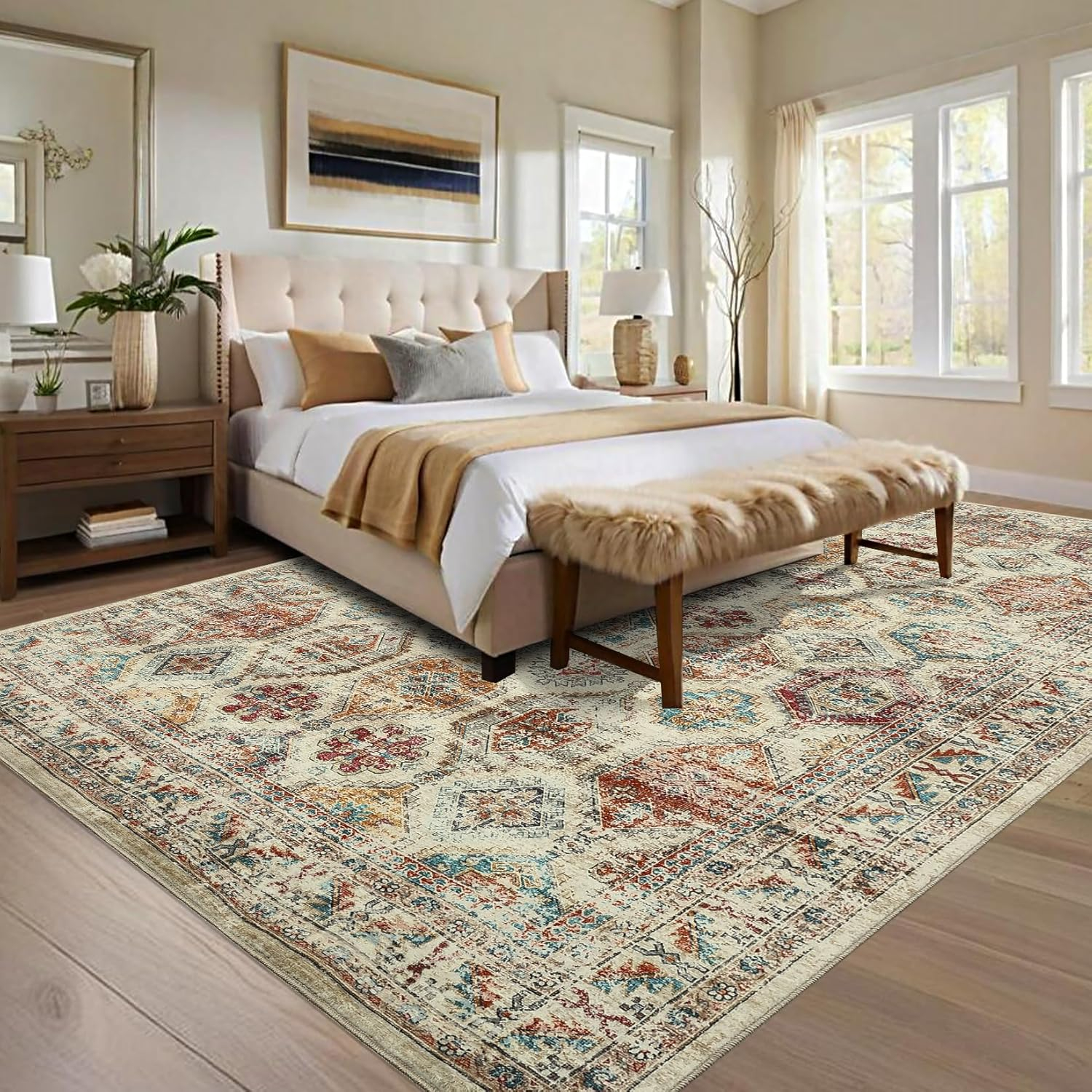 Garvee 8'x10' Large Area Rug for Living Room Vintage Rug Geometric Rug Non Slip Low Pile Indoor Bedroom Rug, Multi