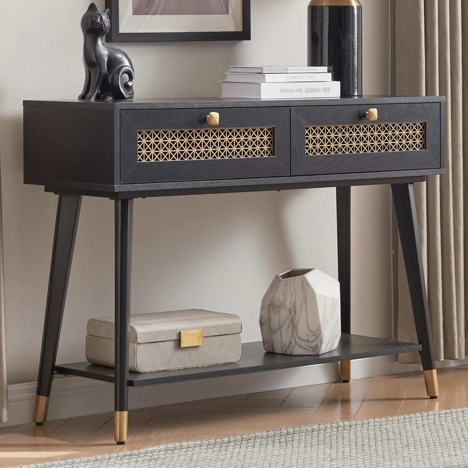 JYED Mid Century Modern Console Table with Gold Accent - 66" Entryway Table with Drawers, Faceted Taper Legs & Ventilated Storage for Hallway (Black)