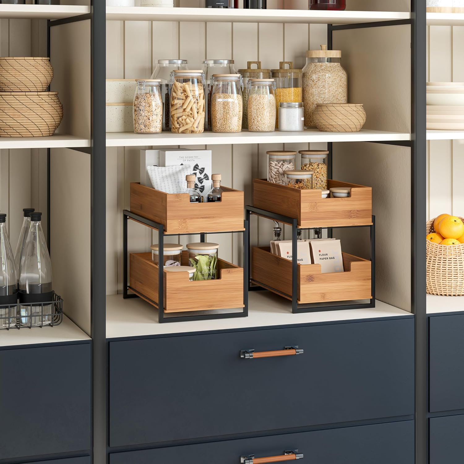 Seville Classics Bamboo Premium Organizer Storage Bins for Kitchen Silverware, Pantry, Closet, Office Desk, Pens, Utensils, Makeup, K Cup, Bamboo, 2-Tier Bin Set, Black
