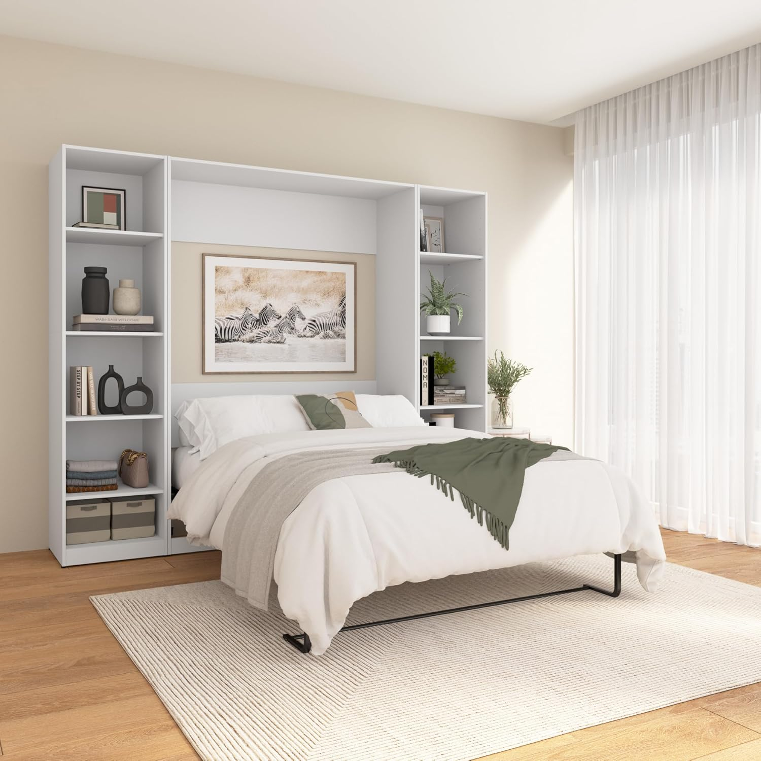 White Full Murphy Bed with Wood Frame and Closet Organizers