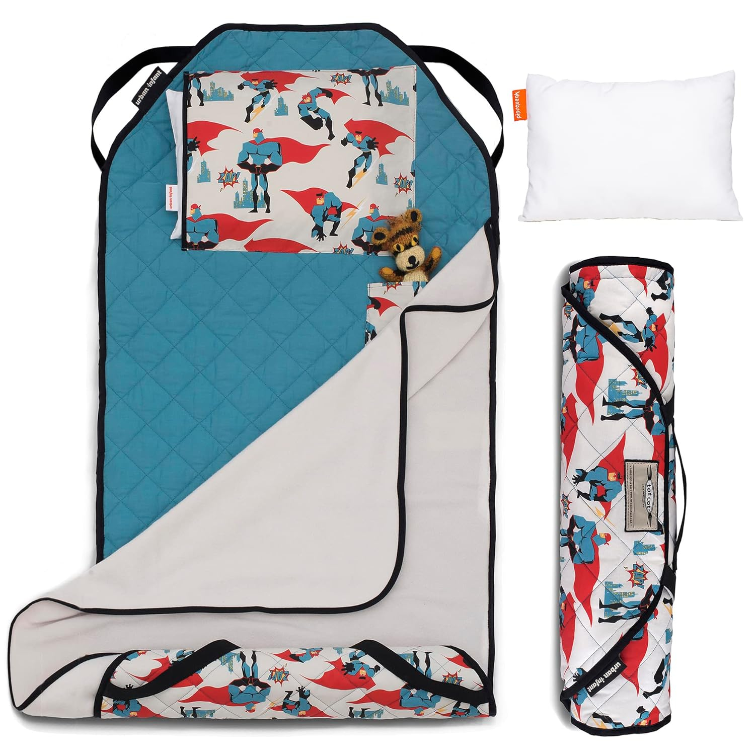 Urban Infant Tot Cot Kids Nap Mat - Toddler Preschool Daycare Modern All-in-One Bedding - Washable Blanket and Pillow  Boys and Girls - Elastic Straps - 52 x 22 Inches - Urban Dude