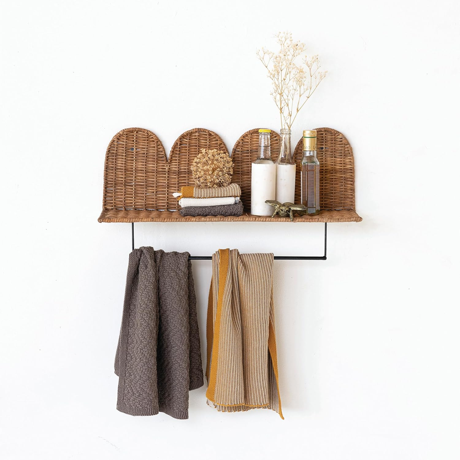 Creative Co-Op Rattan Wicker Wall Shelf with Scalloped Edge and Metal Rod, Natural