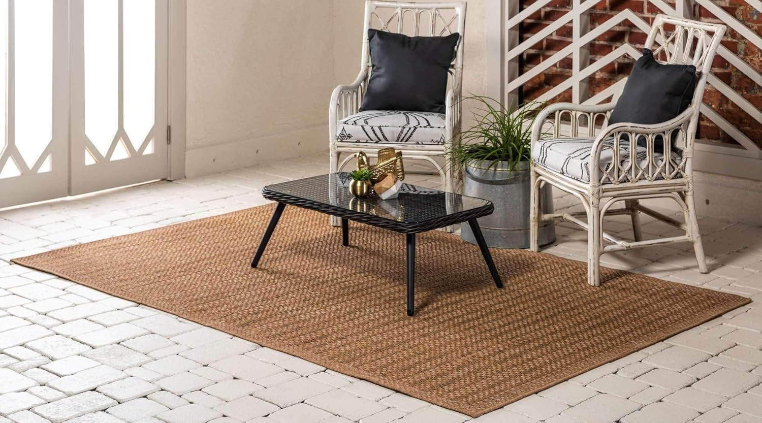 Unique Loom Outdoor Border Collection Area Rug - Checkered (2' 2" x 3' 1" Rectangle Light Brown)