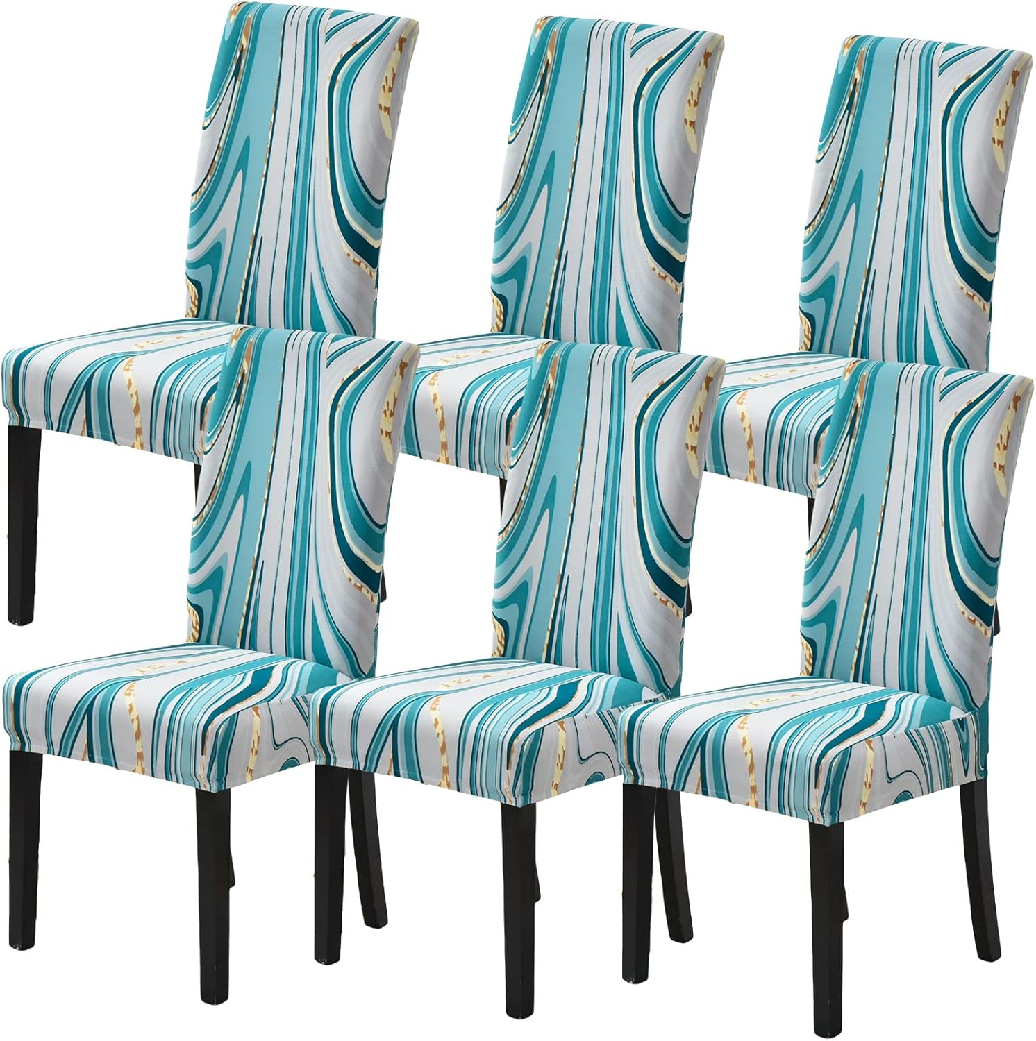 Set of 6 Blue and White Stretch Spandex Dining Chair Covers