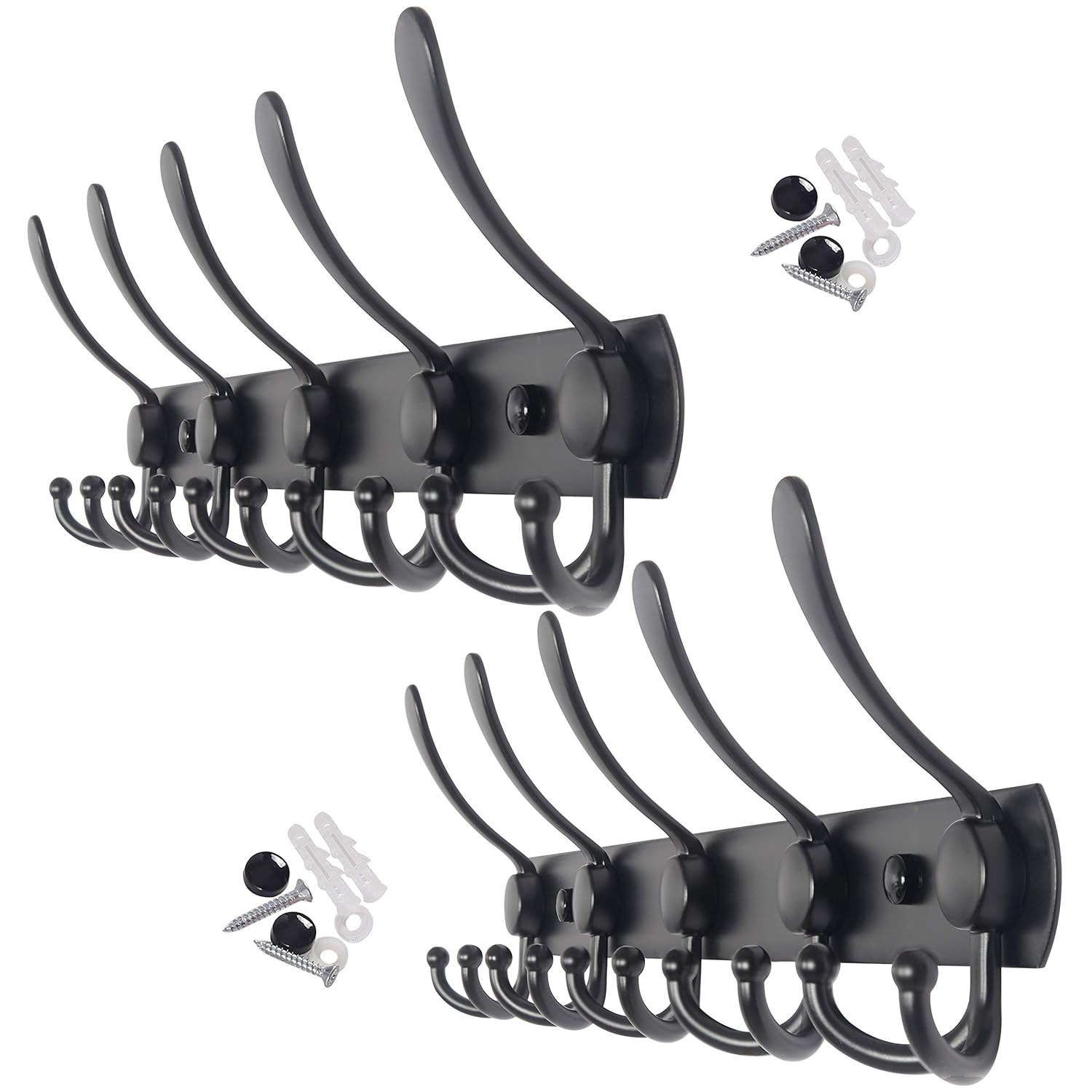 WEBI Coat Rack Wall Mount,5 Tri Hooks for Hanging,Coat Hooks Wall Mount,Hook Rack Rail,Coat Hanger Wall for Jacket,Clothes,Hats,Black,2 Packs