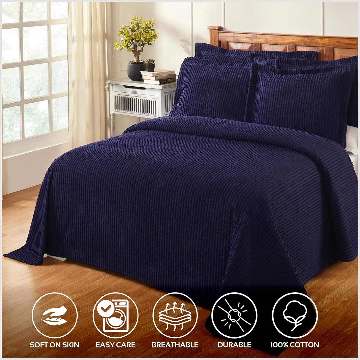 Better Trends 100% Cotton King Bedspread – Soft & Cozy Classic Stripe Coverlet, Machine Washable (120" x 110", Navy) Jullian Collection