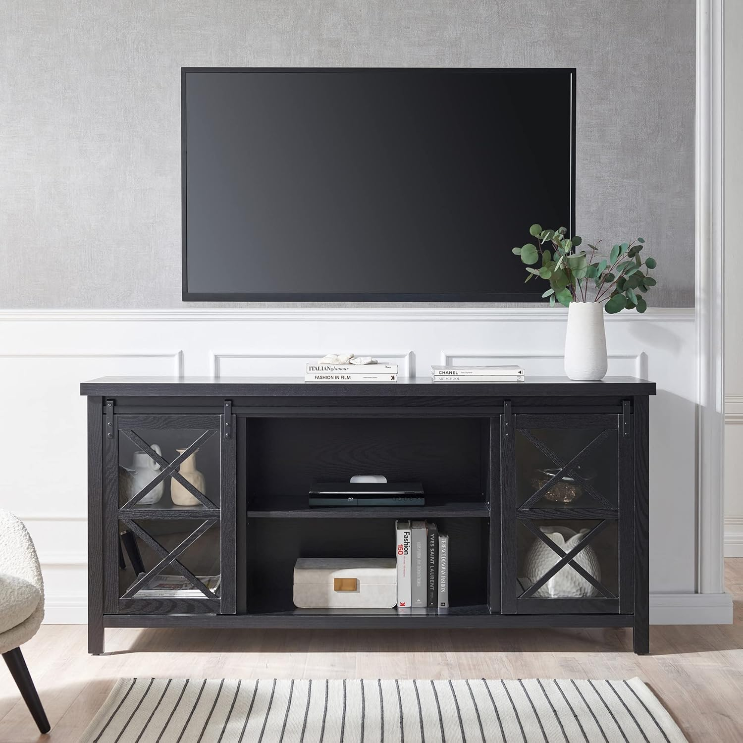Evelyn&Zoe Clementine Rectangular TV Stand for TV's up to 75", Black Grain