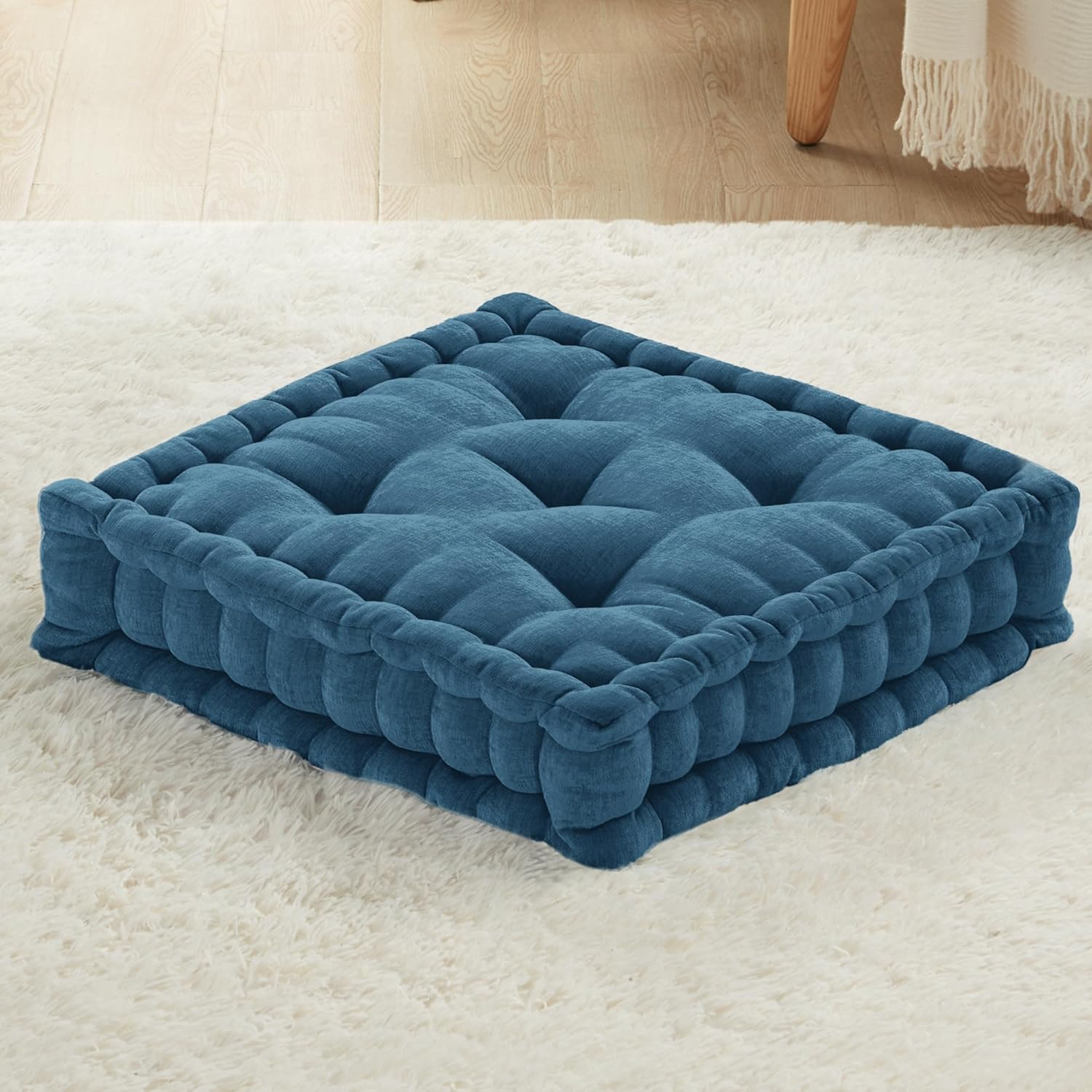 Codi INNA Floor Cushions for Adults, Cute Pillows Seating for Meditation, Square Tufted Chenille Cushion, Living Room, Fireplace, Reading Nook, Navy