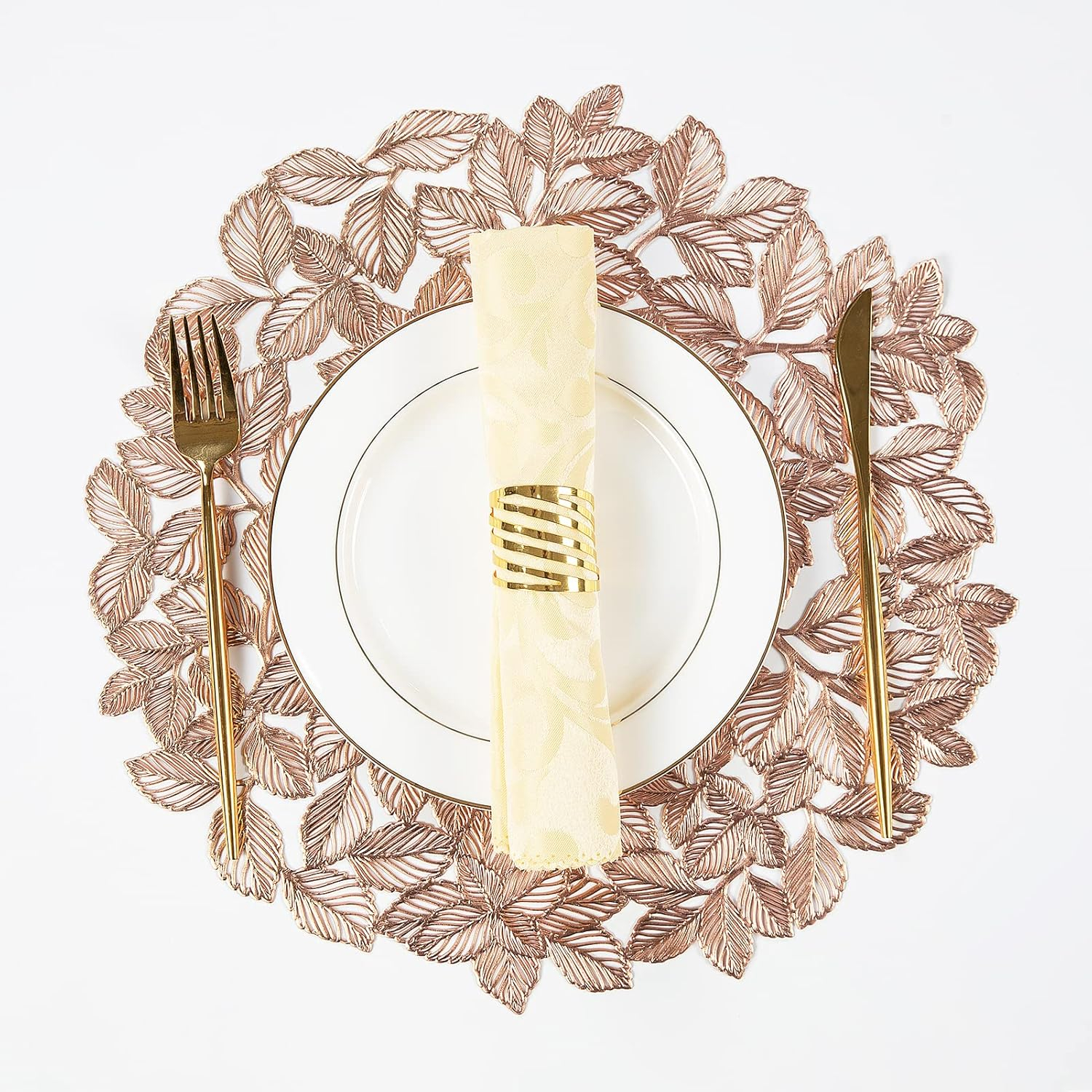 Rose Gold Placemats Set of 6 Metallic Leaf Round Placemats Non-Slip Wipeable Table Mats for Dinner,Party,Home Decoration Wedding Accent Centerpiece