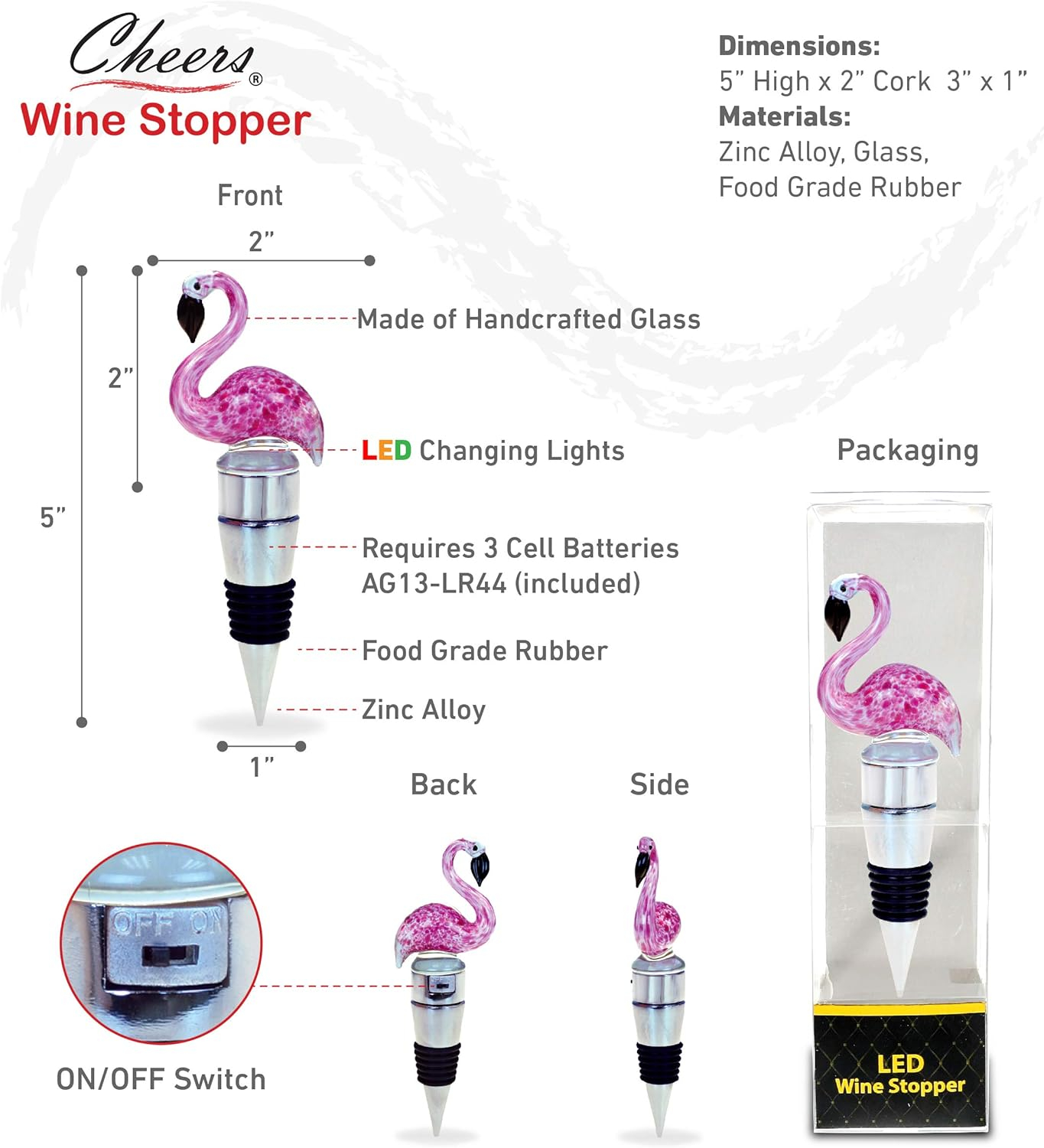 Pink Flamingo LED Glass Wine Bottle Stopper with Chrome Base