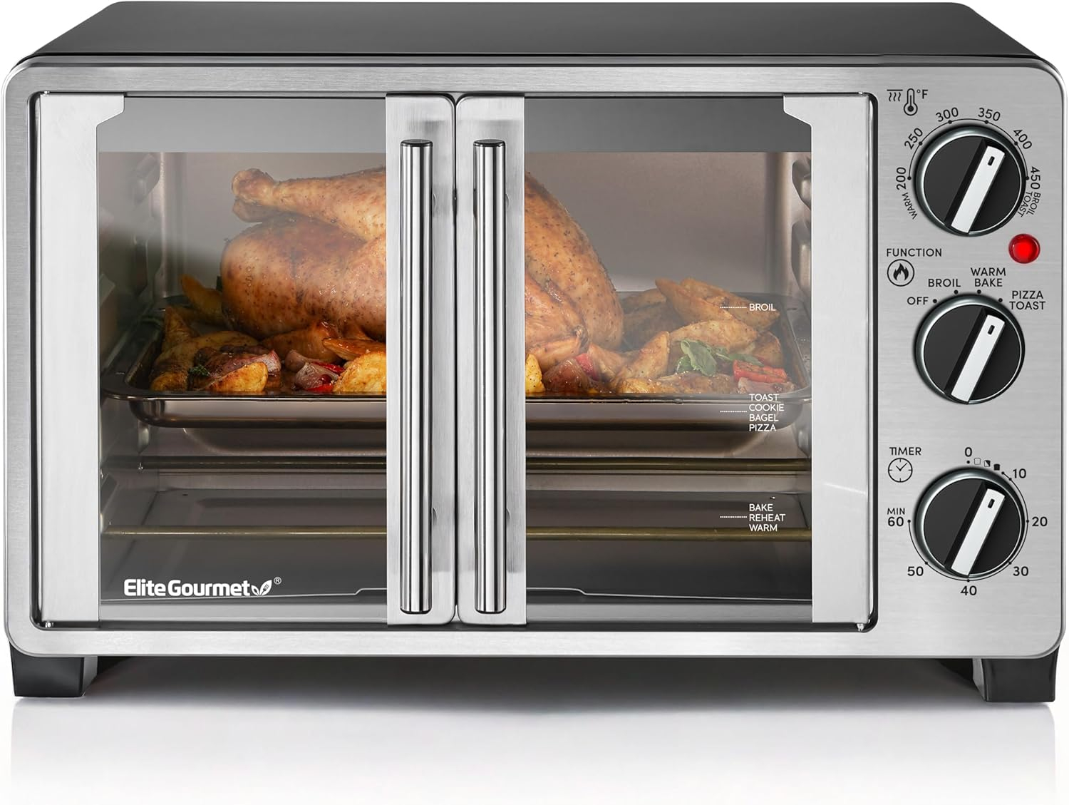Elite Gourmet ETO2530M New Double French Door Toaster Oven fits 12" Pizza, Stainless Steel