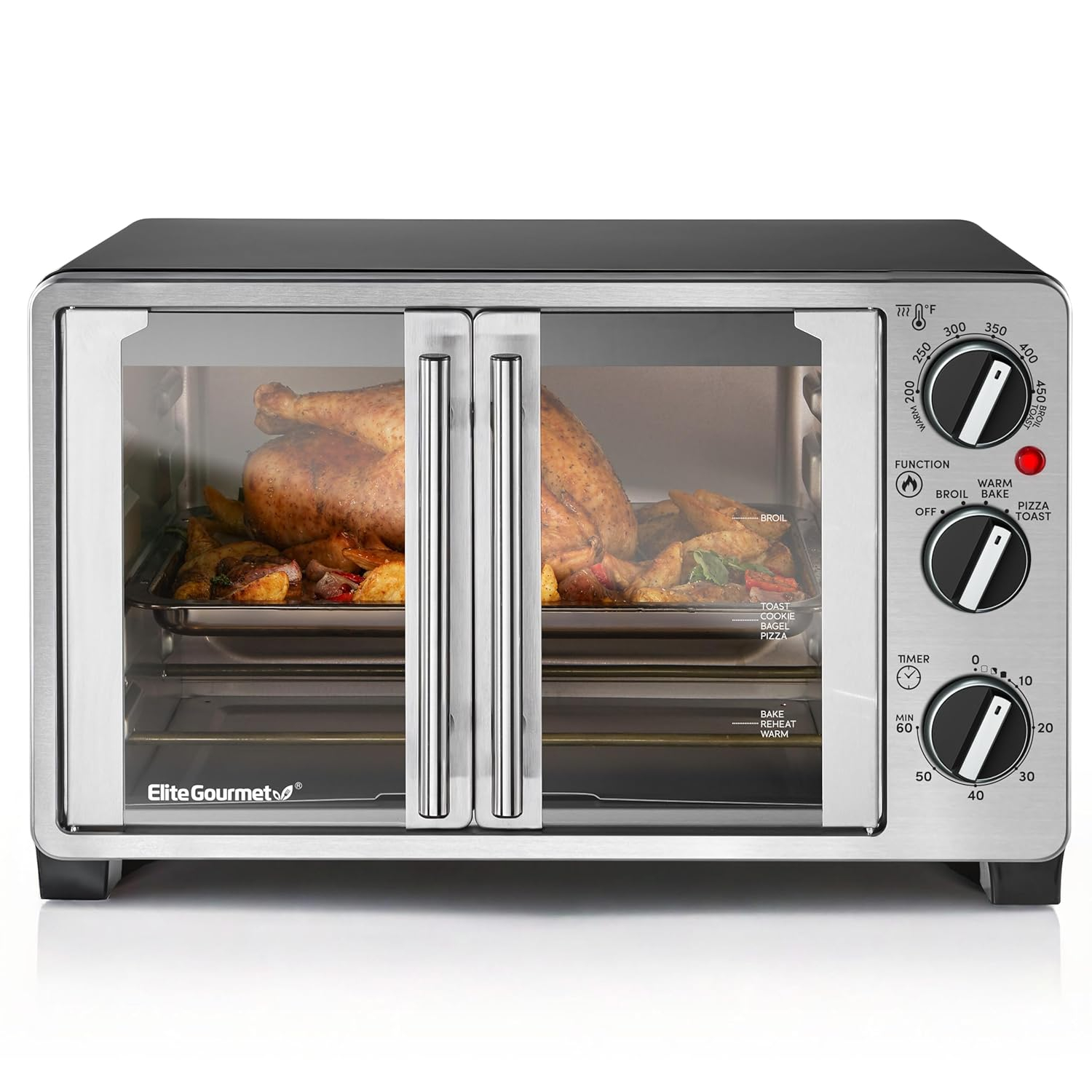 Elite Gourmet ETO2530M New Double French Door Toaster Oven fits 12" Pizza, Stainless Steel
