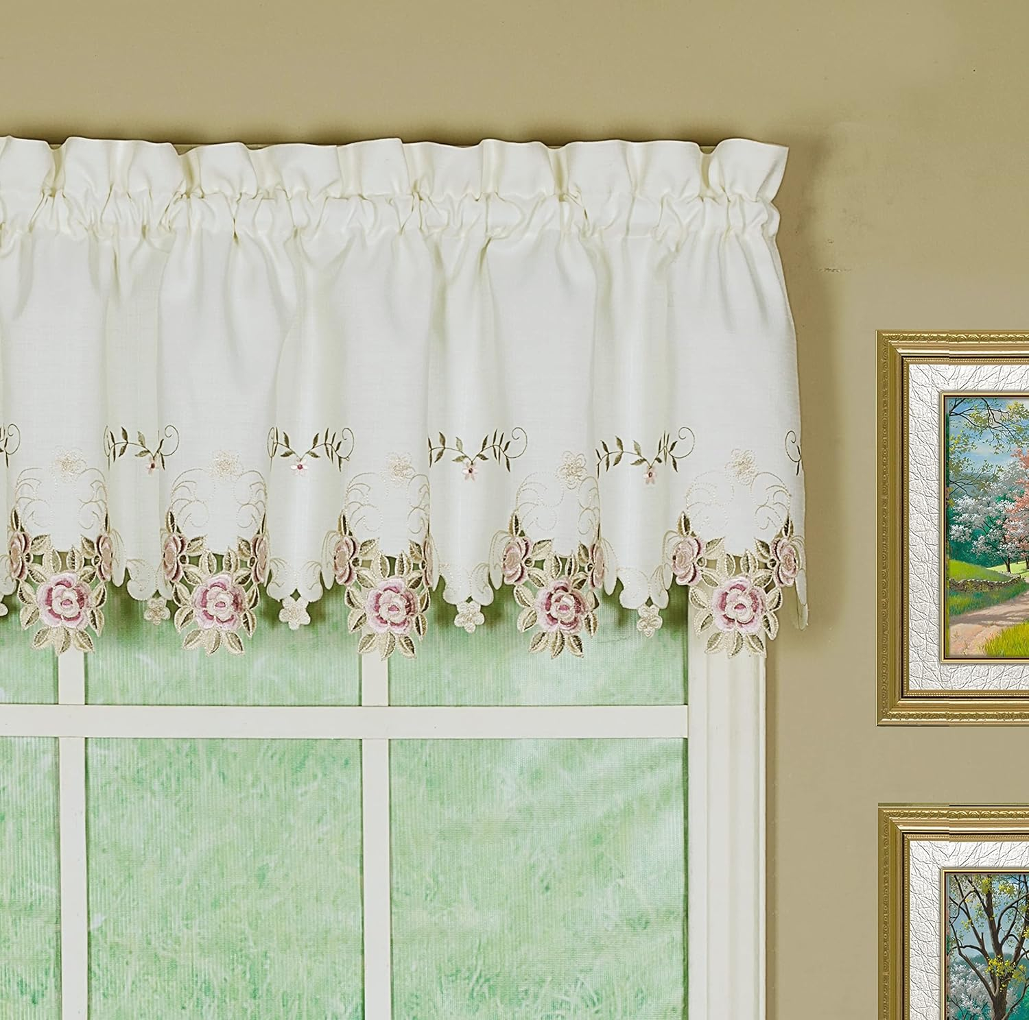 Today's Curtain Verona Reverse Embroidery Valance, 14", Ecru/Rose, 60" W X 14" L