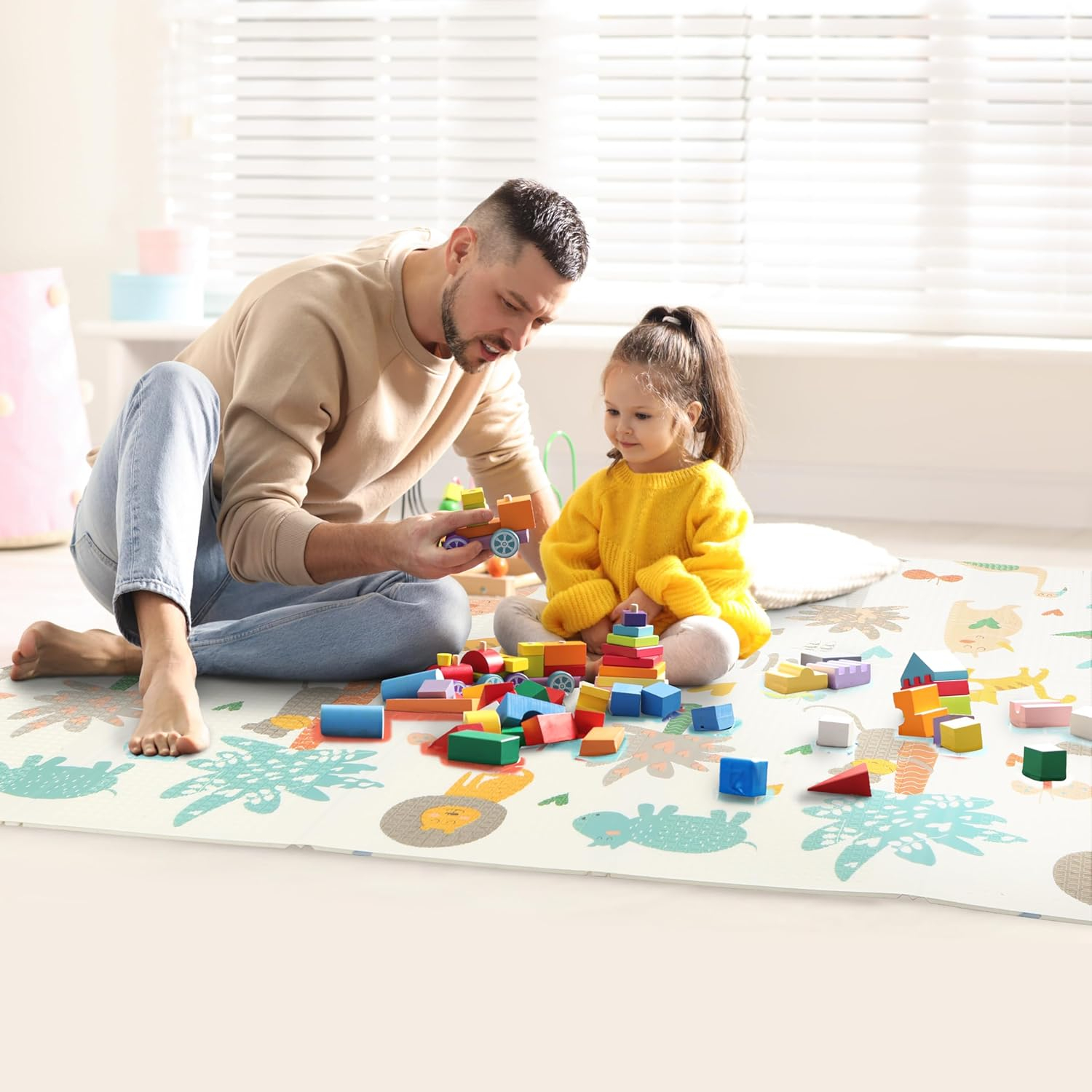 Bammax Waterproof Foam Padded Baby Play Mat with Dinosaurs & Safari Animals Design, Reversible & Foldable Floor Mat, 70” x 78”