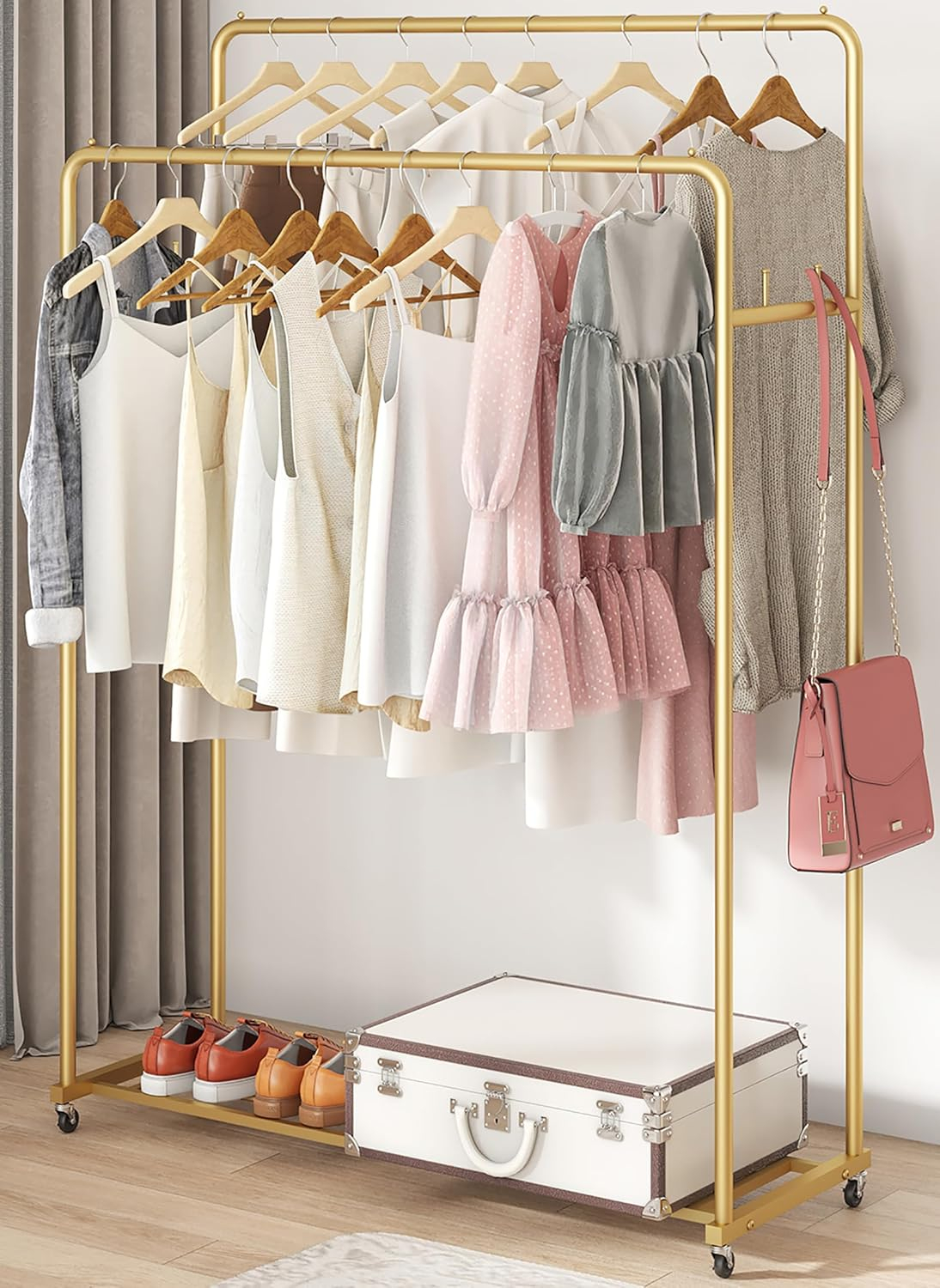 Laiensia Double Rods Garment Rack with Wheels, Clothing Rack for Hanging Clothes,4 Hooks, Multi-Functional Bedroom Clothes Rack, Gold