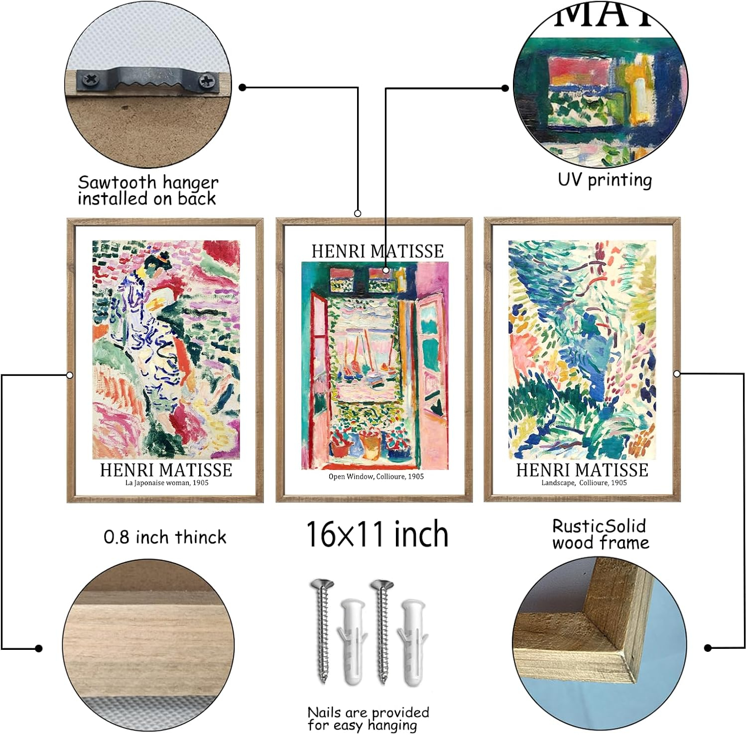 Vault W Artwork Set Of 3 16X11 Inch Large Rustic Farmhouse Aesthetic Wood Framed Matisse Sign Modern Home Bedroom Living Room Office Abstract Landscape Print Wall Hang (Wood) (Set of 3)