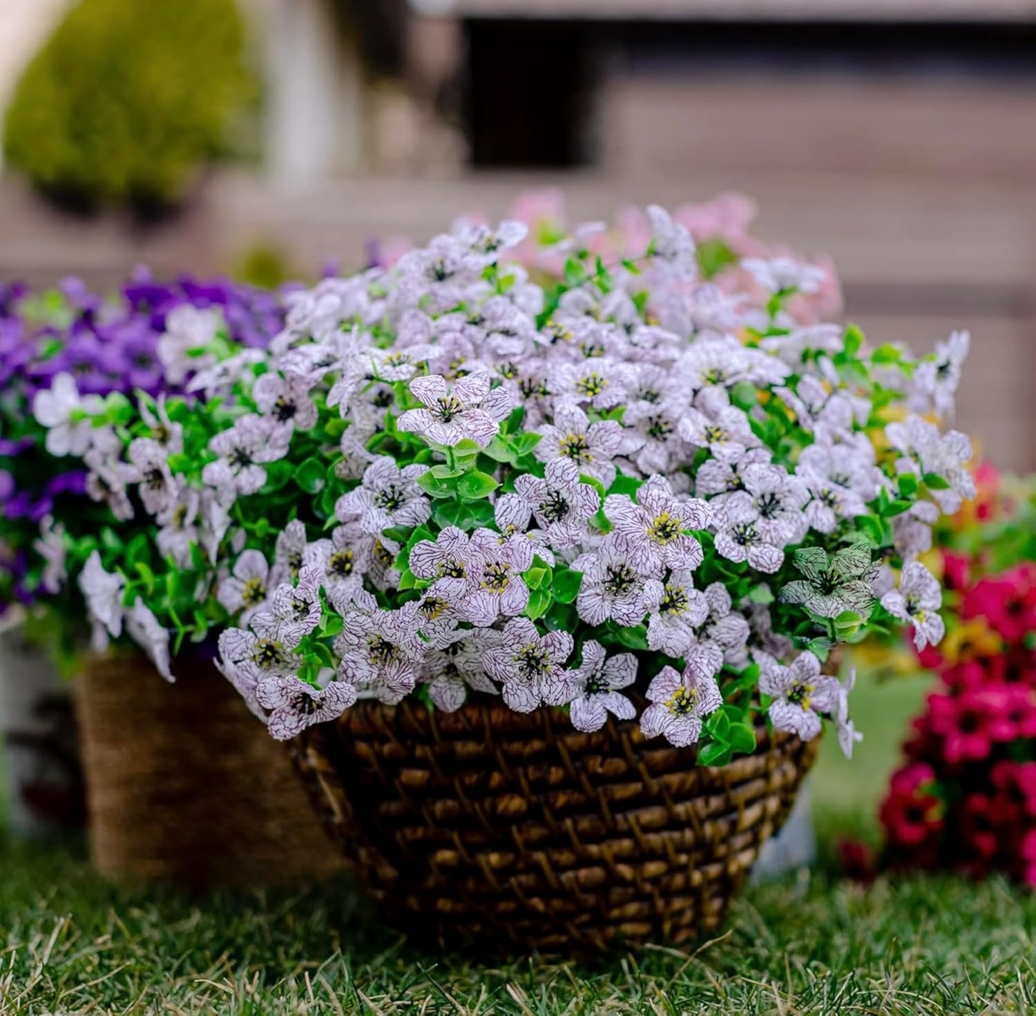 Artificial Flowers for Outdoors Fake Plants - 16 Bundles Faux Outside Greenery Boxwood UV Resistant No Fade Plastic Shrubs Fall Decor Farmhouse Home Garden Mums (White)